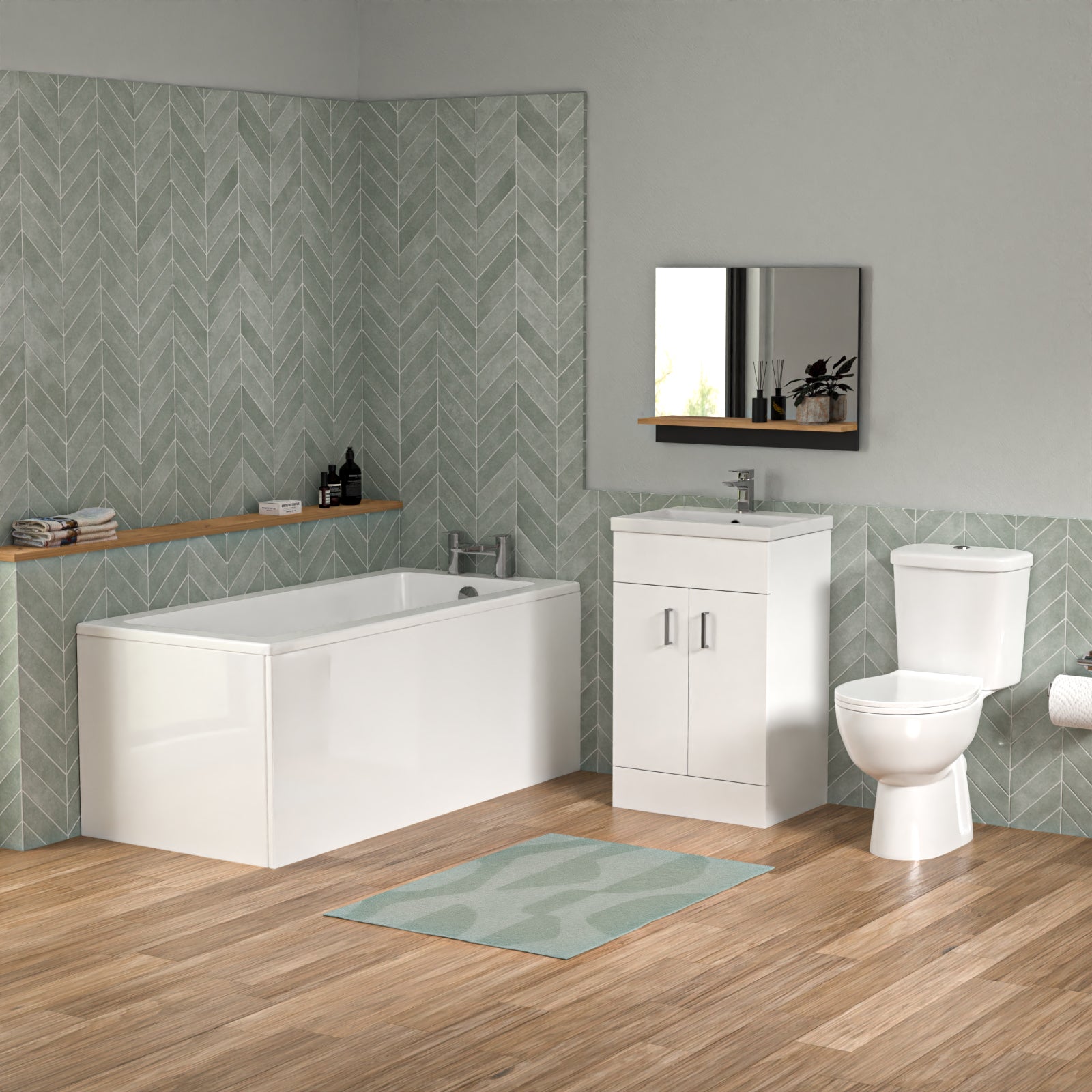 Bathroom Suite 1500mm Square Bathtub With 500mm Freestanding Vanity and Toilet