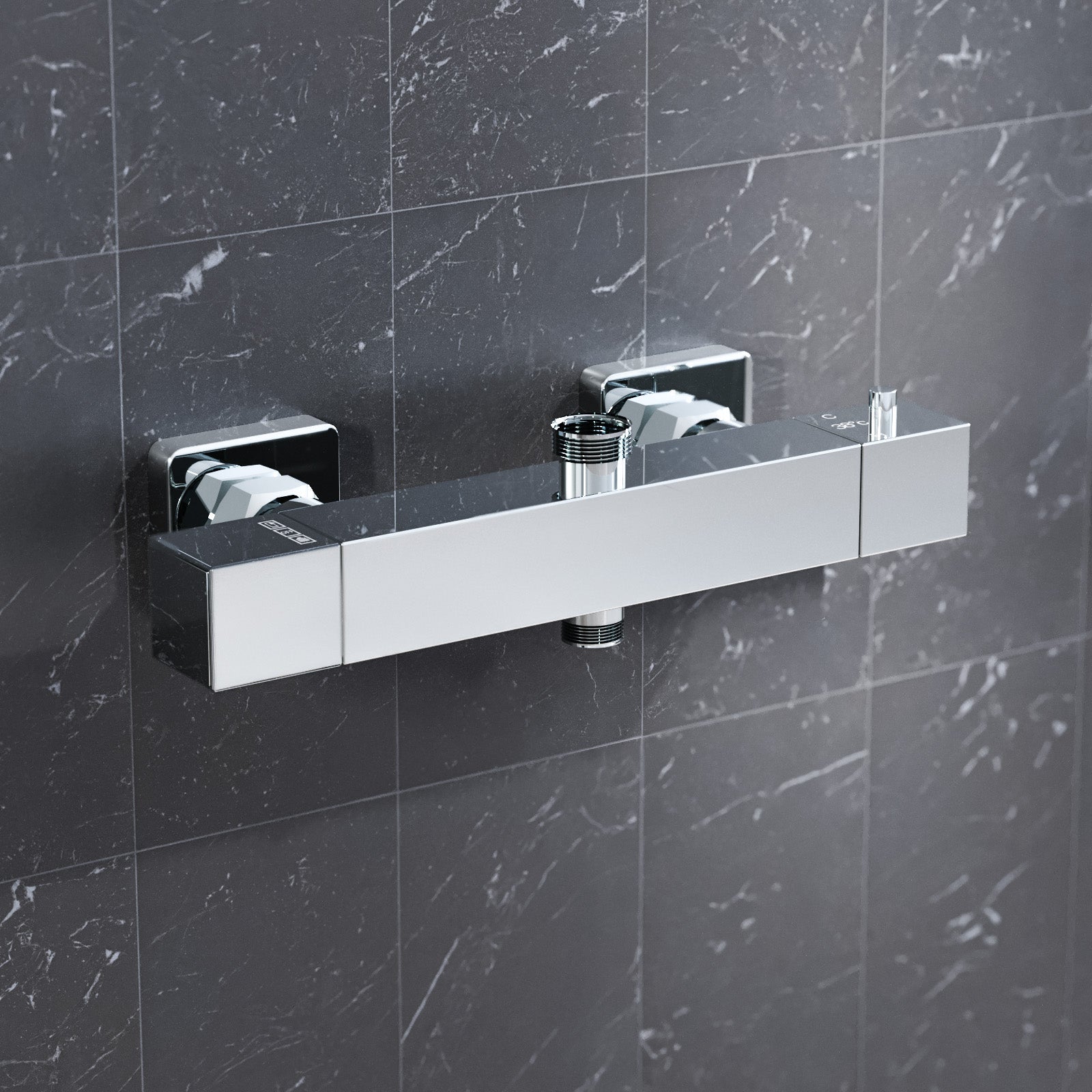 Square Chrome Thermostatic Shower Bar Valve Double Outlet Wall Mounted