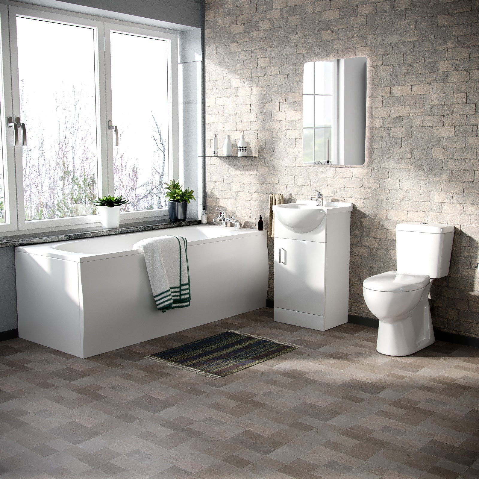 Ellen Suite 1700mm Bathtub, 450mm White Basin Vanity & Close Coupled Toilet