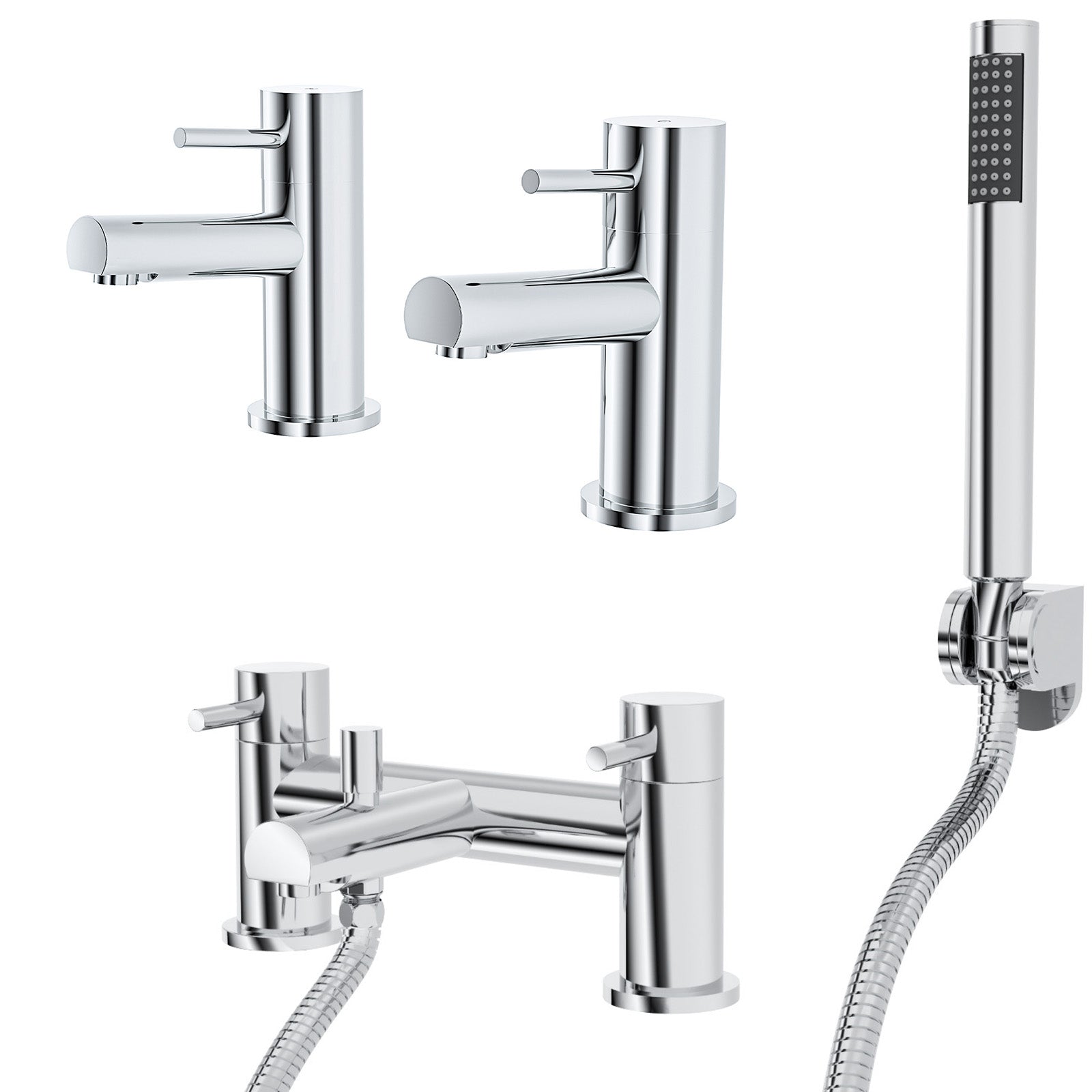 Marc Contemporary Set Of Two Basin Taps And Bath Shower Mixer Tap With Handheld Kit + Waste