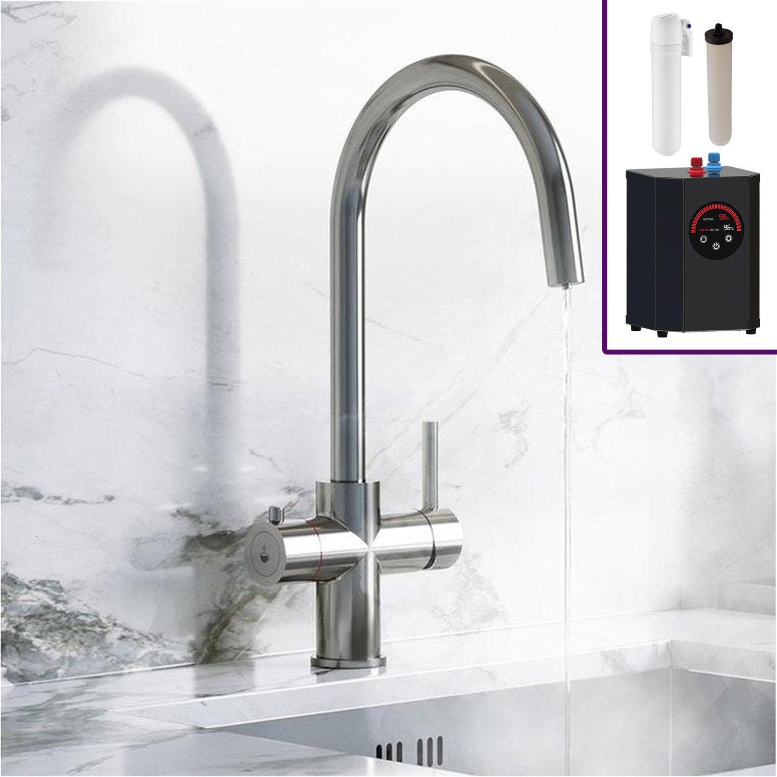 3 in 1 Single Lever Boiler Complete Kitchen Mixer Tap Set - Chrome