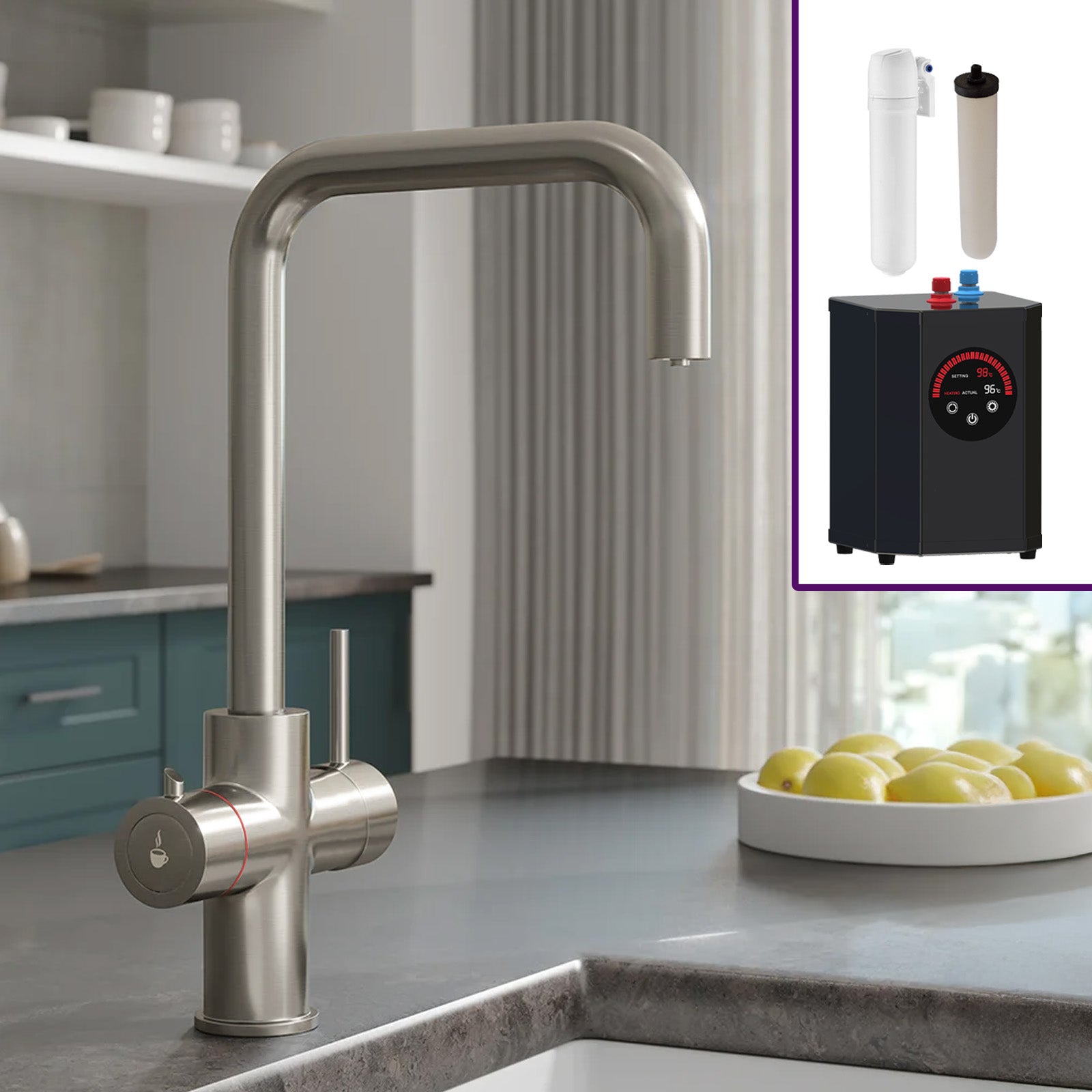 3 in 1 Single Lever Boiler Kitchen Mixer Tap Set - Brushed Nickel