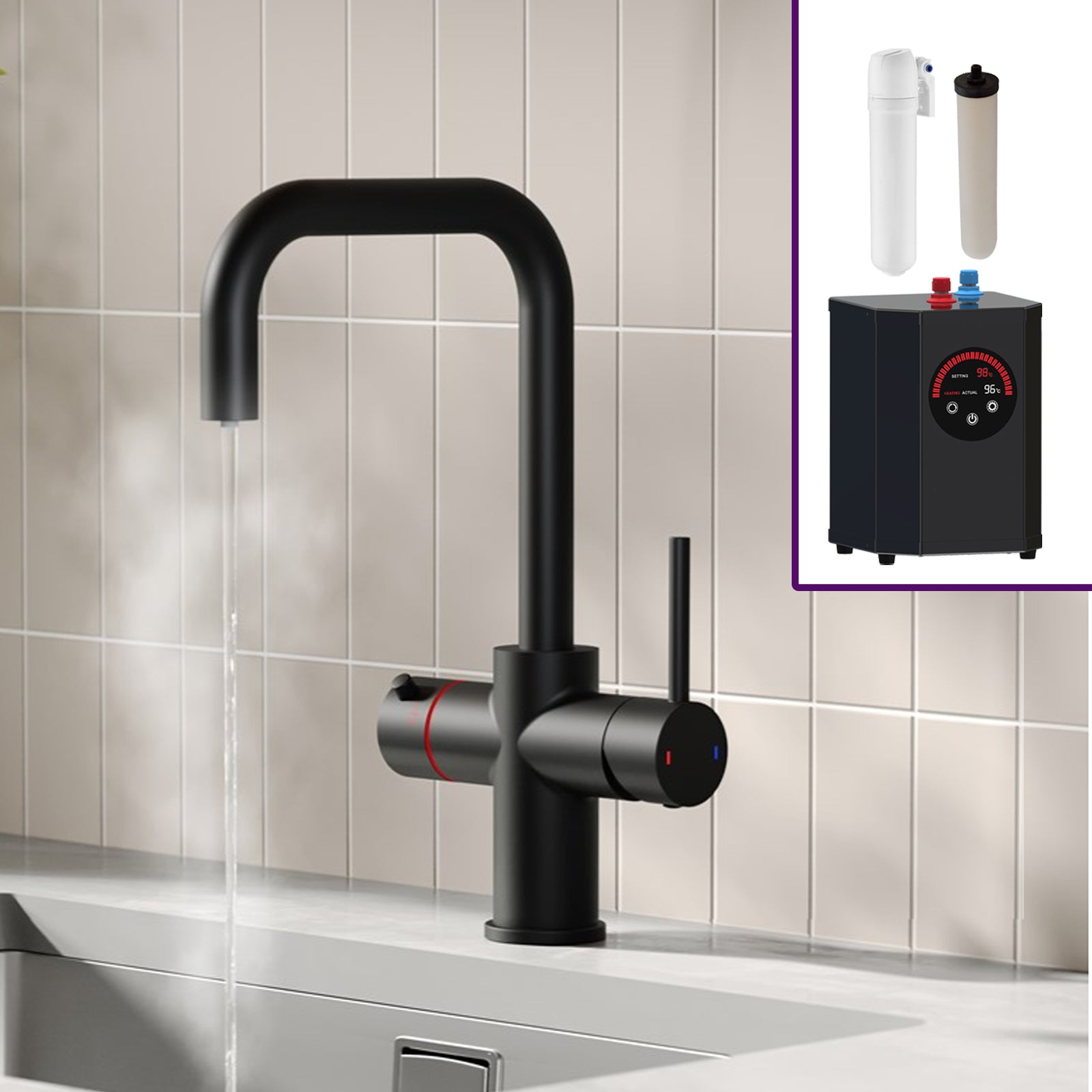 3 in 1 Single Lever Boiler Kitchen Mixer Matte Black Tap Set