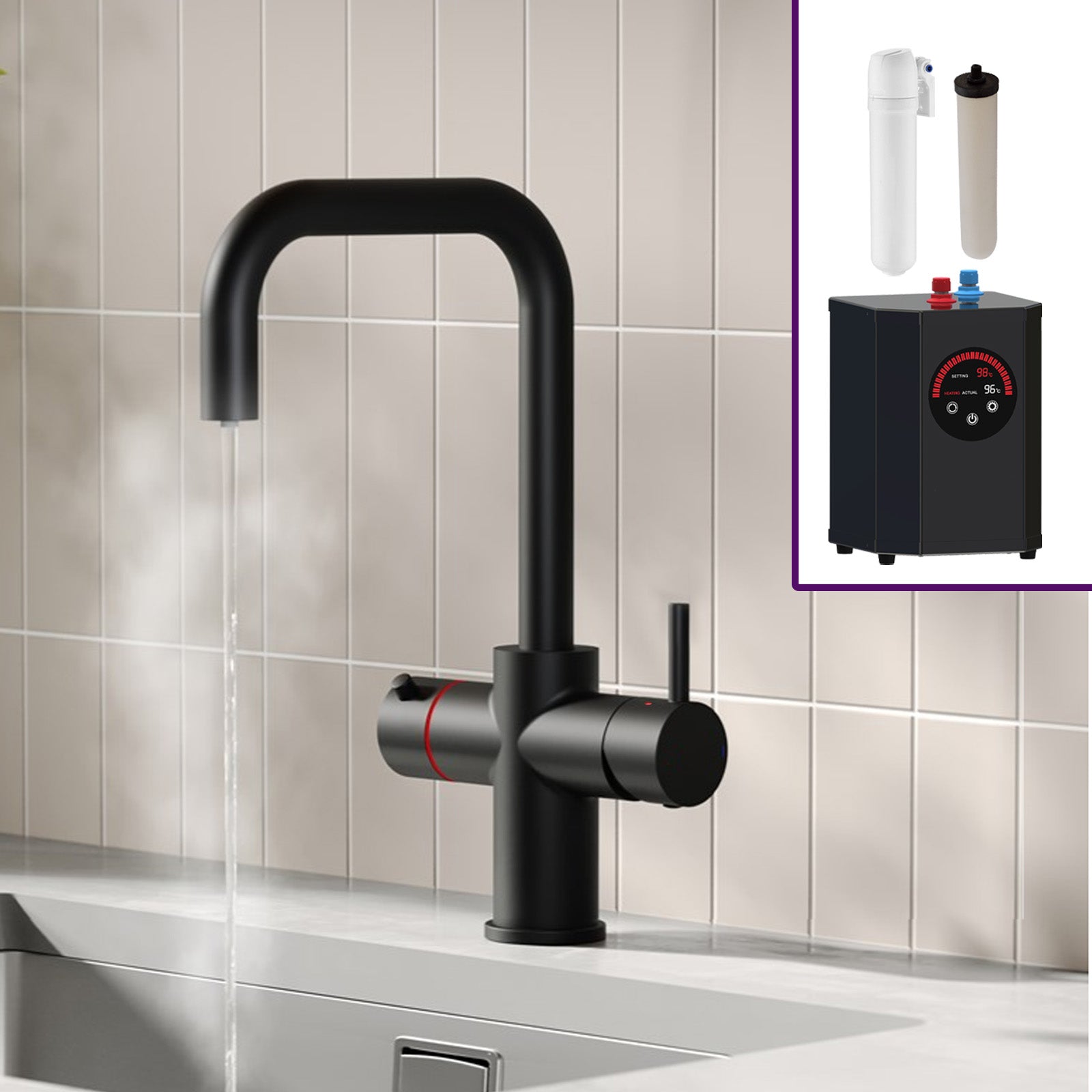 3 in 1 Single Lever Boiler Kitchen Mixer Matte Black Tap Set