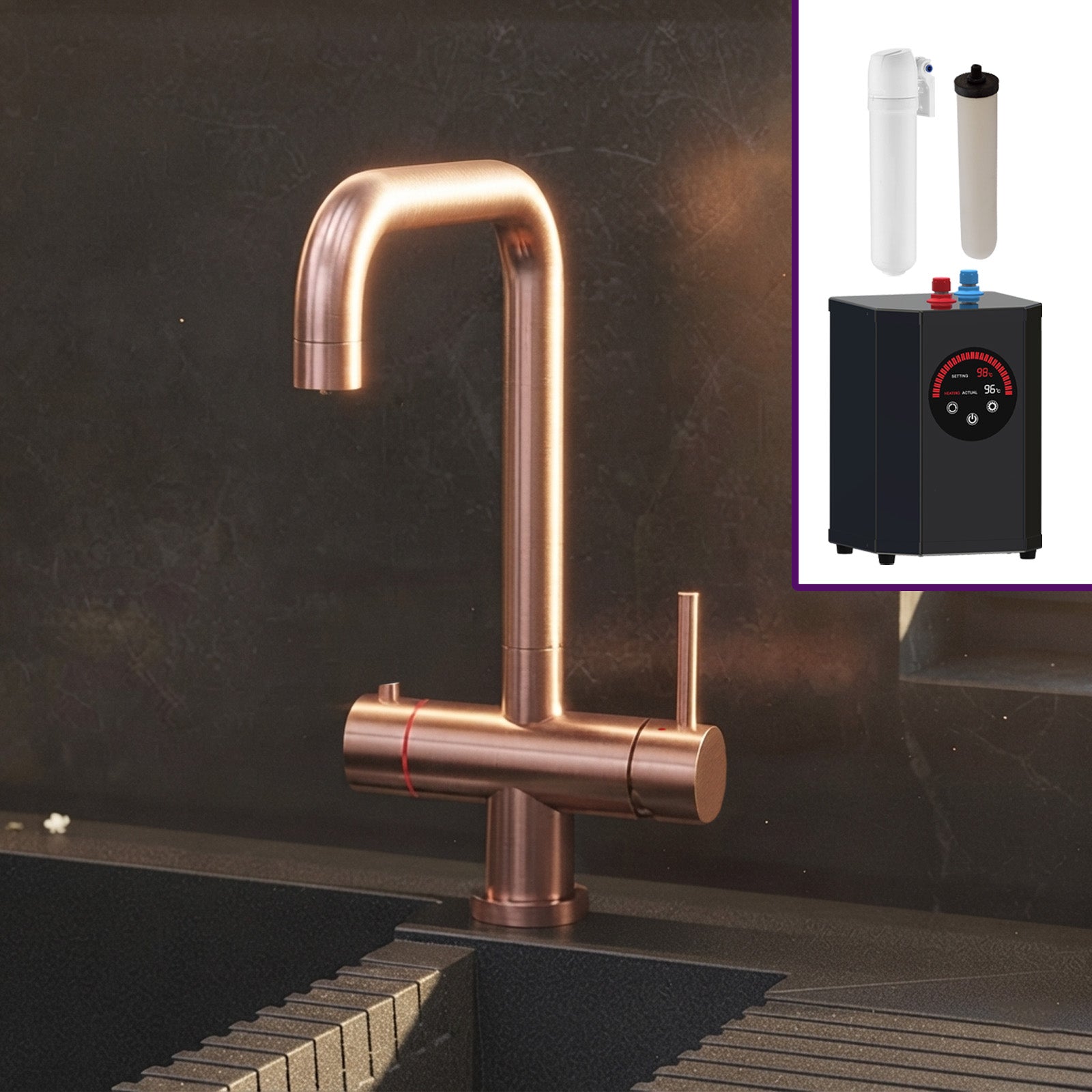 3 in 1 Single Lever Boiler Complete Kitchen Mixer Tap Set - Copper
