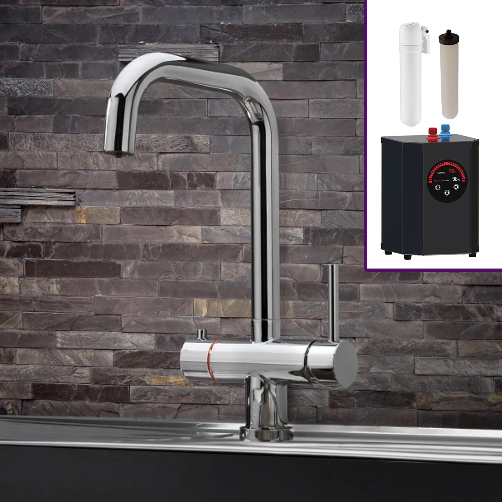 3 in 1 Single Lever Boiler Chrome Kitchen Mixer Complete Tap Set
