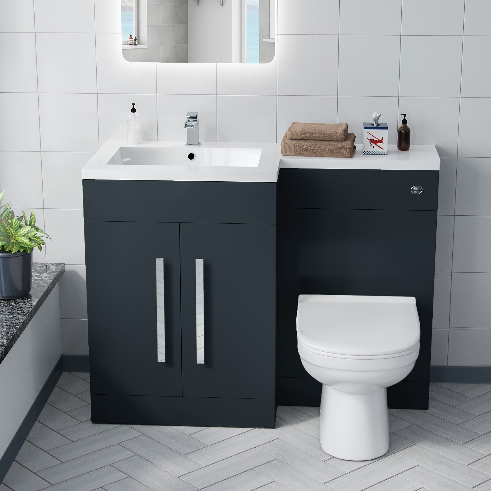 Aric 1100mm LH Grey Vanity with BTW Toilet, WC & Resin Basin Flat Pack