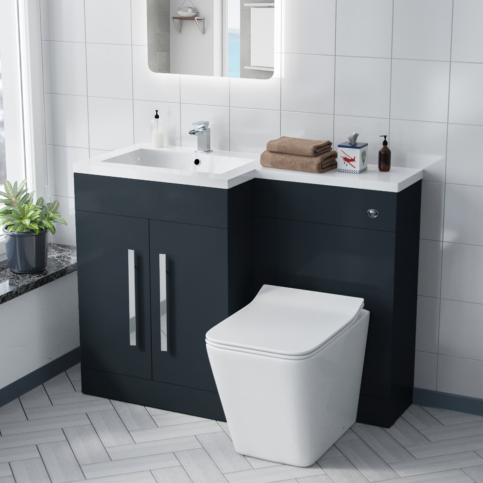 Aric 1100mm LH BTW Toilet, WC Unit & Resin Basin Grey Flat Pack