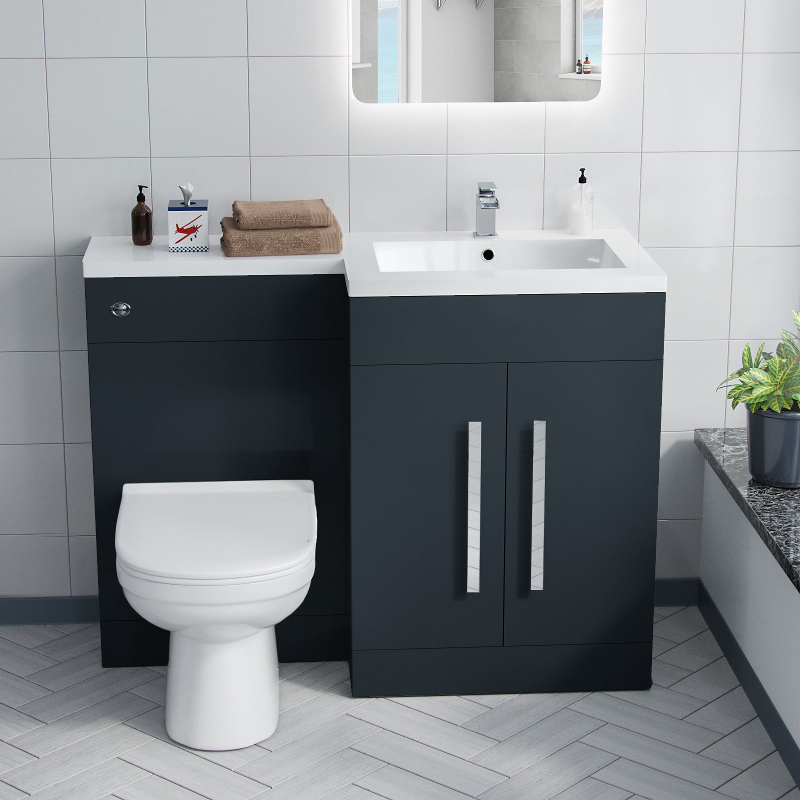 Aric 1100mm RH BTW Toilet, WC Unit & Resin Basin Grey Flat Pack