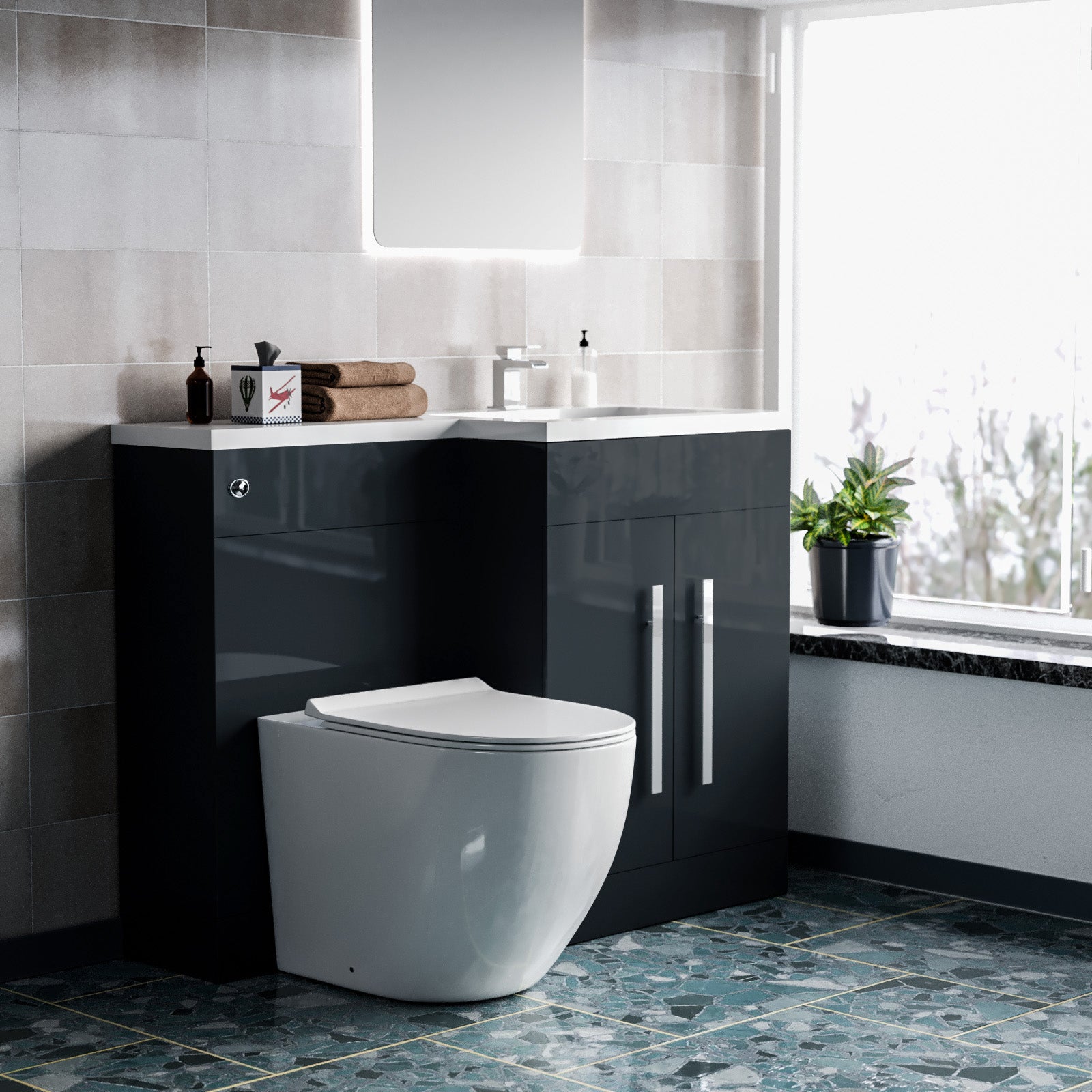 Aric 1100mm RH Freestanding Grey Vanity with BTW Toilet, WC and Basin