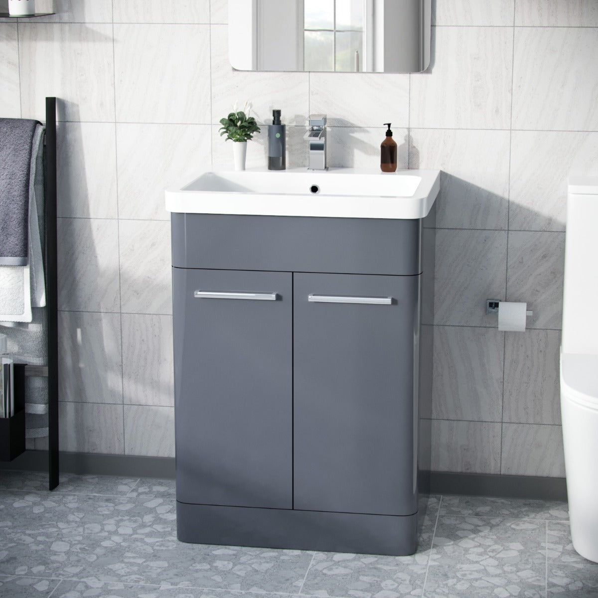 Afern 600mm Vanity Unit Cabinet and Wash Basin Steel Grey- Flat Pack