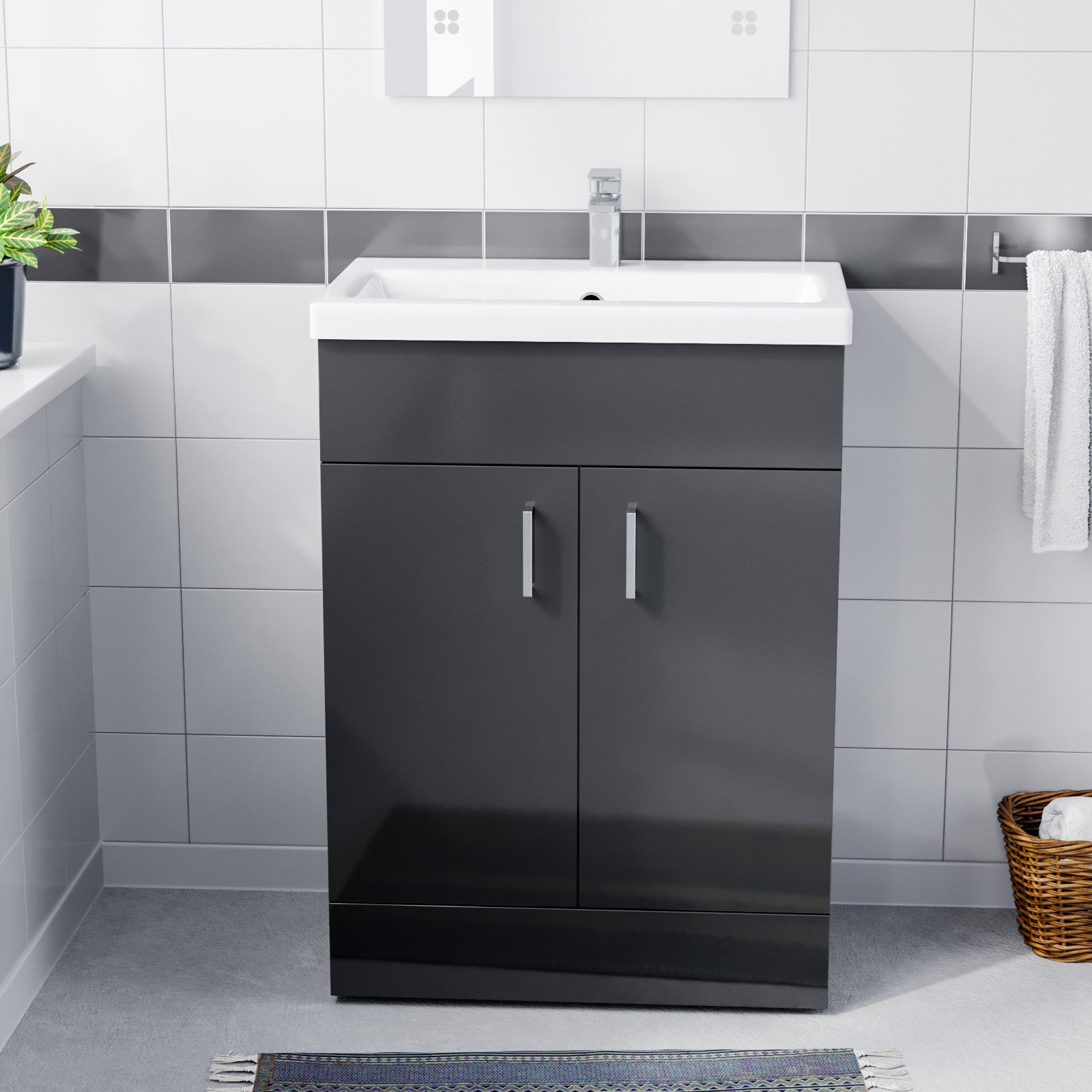 Nanuya Dark Grey 600mm Floor Standing Vanity Unit & White Basin Flat Pack