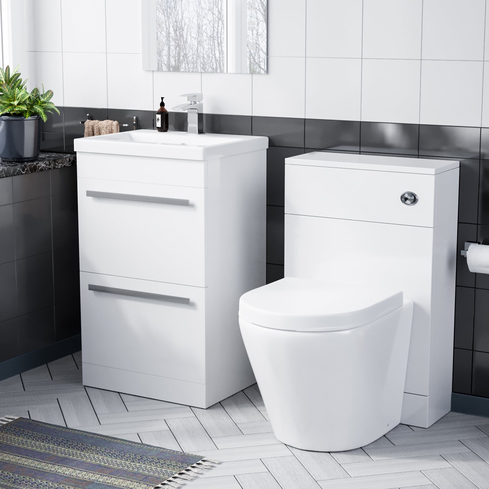 1000mm Floor Standing Vanity 2 Drawer Gloss White With BTW Rimless Toilet