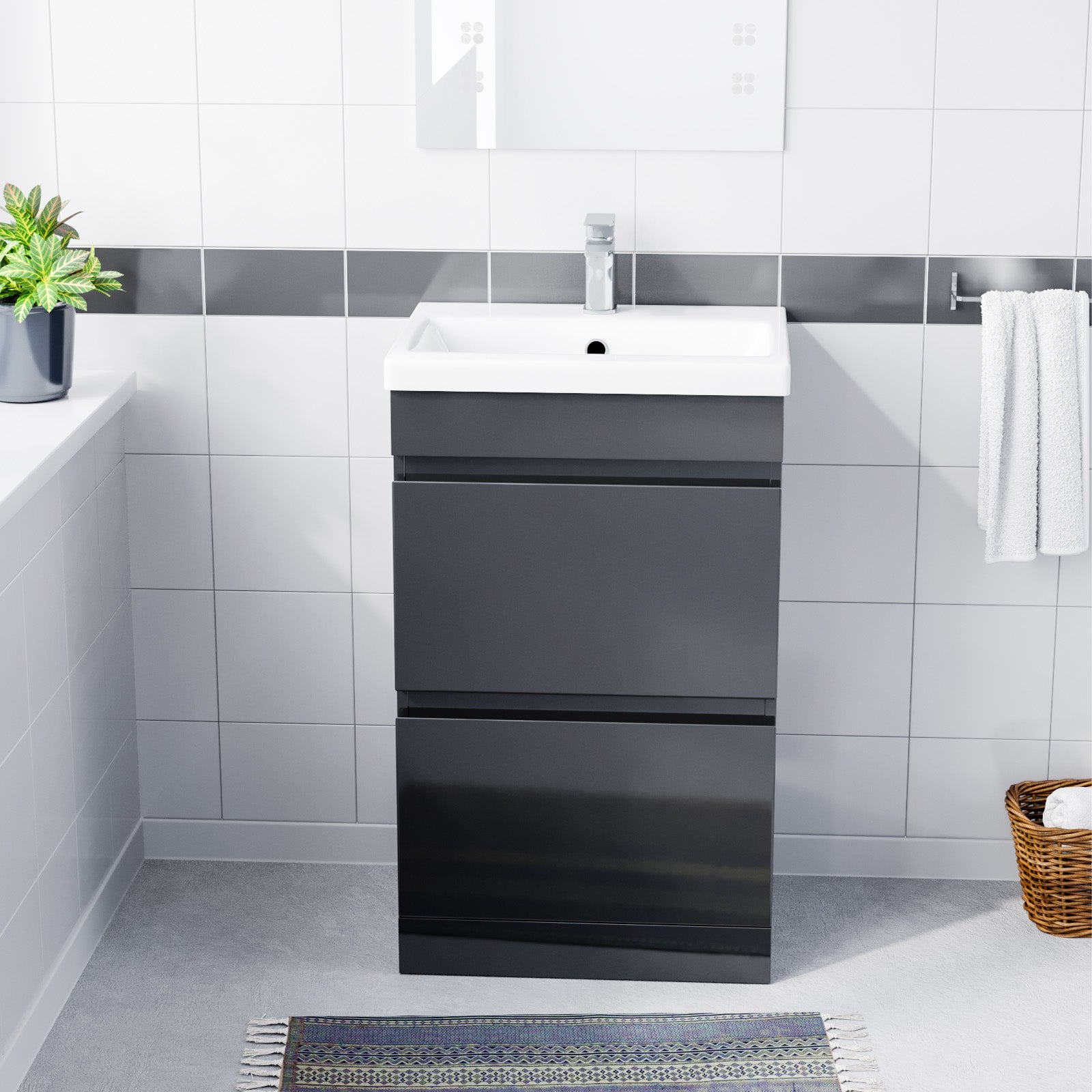 Alaska 500mm PVC Freestanding Basin Vanity Unit 2 Drawers Handless Dark Grey