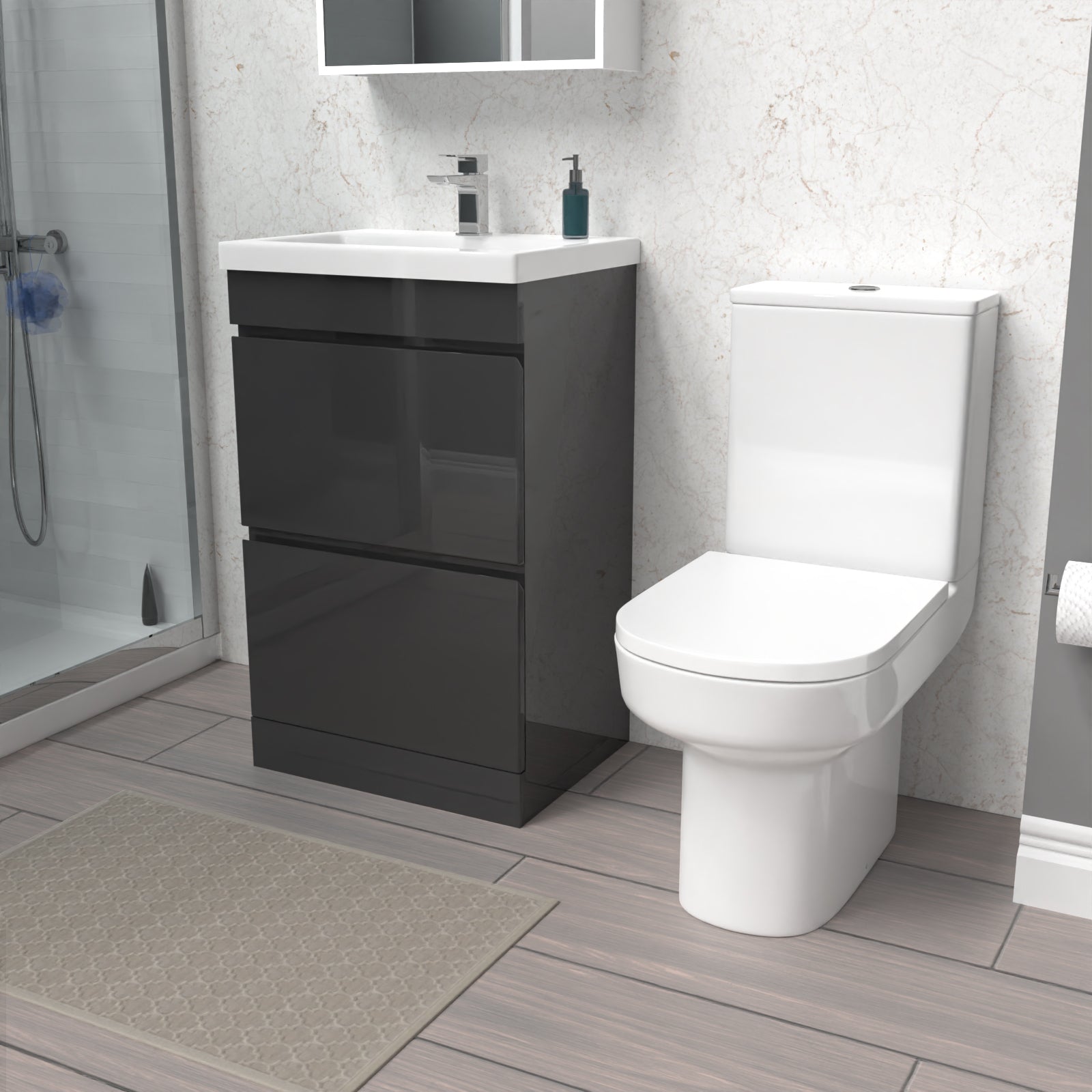 Alaska 500mm Anthracite 2 Drawers Basin Vanity & Rimless Close Couple Toilet