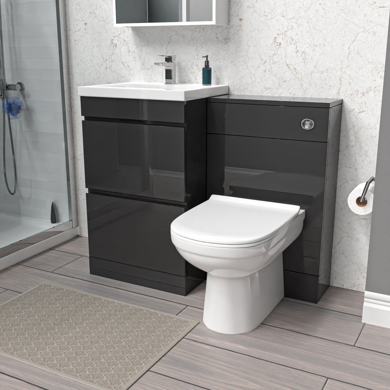 Dark Grey Freestanding 500mm 2 Drawers Vanity, WC Unit & BTW Toilet