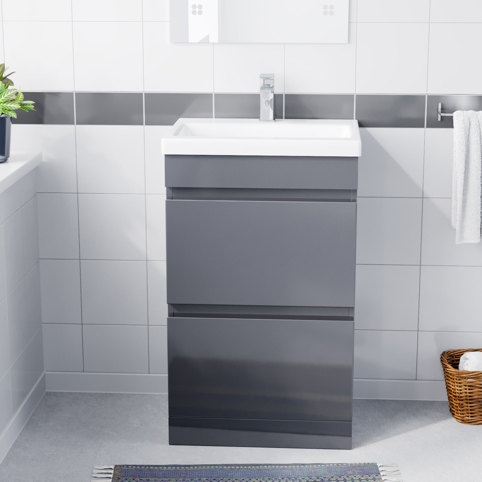 Alaska 500mm Floor Standing Basin Vanity Unit 2 Drawers Handless Steel Grey