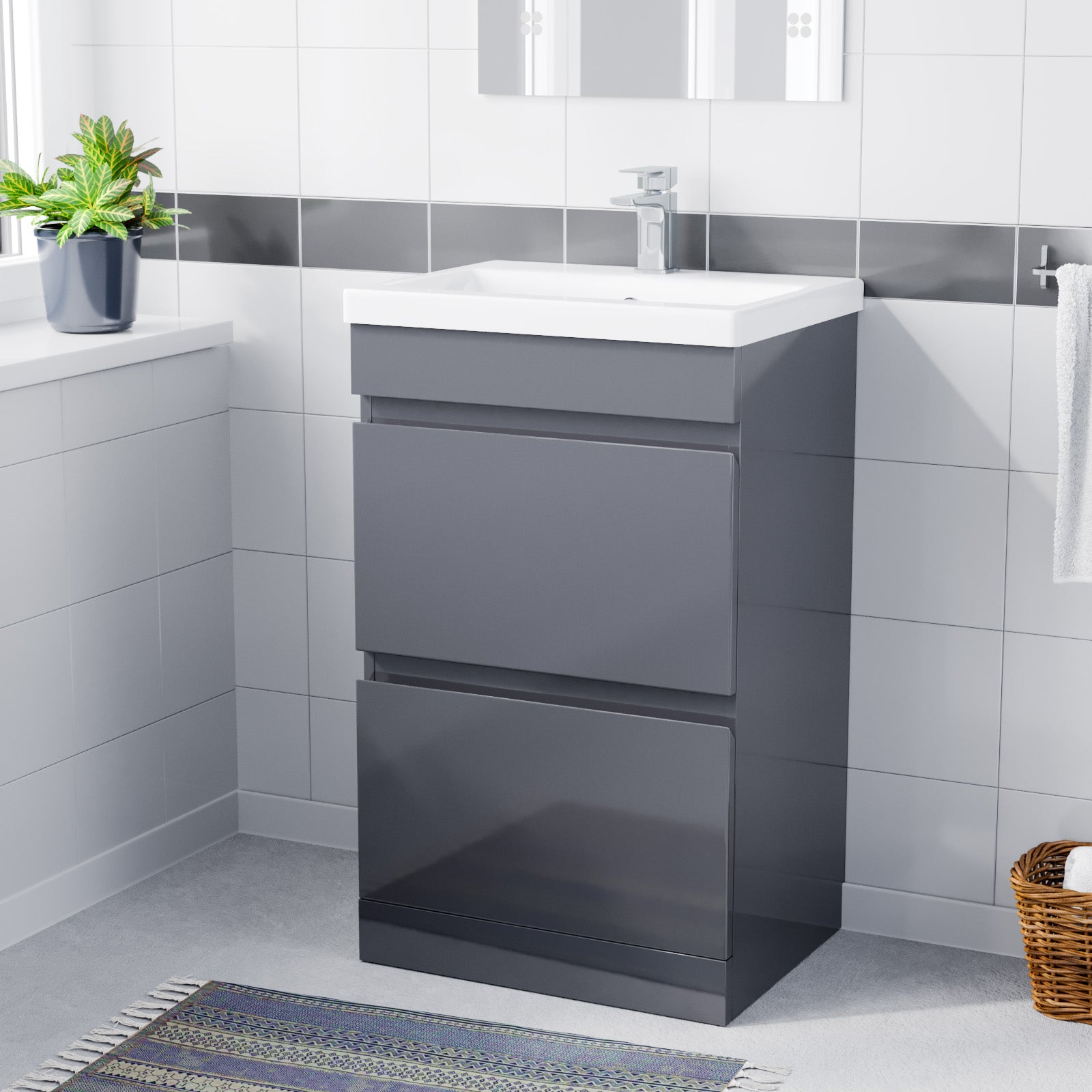 Alaska 500mm Floor Standing Basin Vanity Unit 2 Drawers Handless Steel Grey