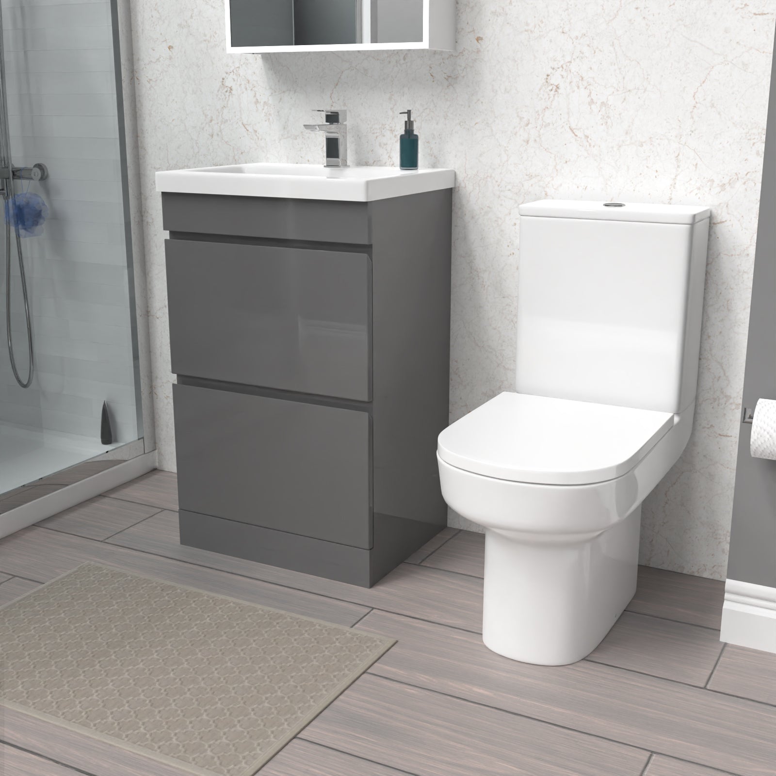 Alaska 500mm Steel Grey 2 Drawers Basin Vanity & Rimless Close Couple Toilet