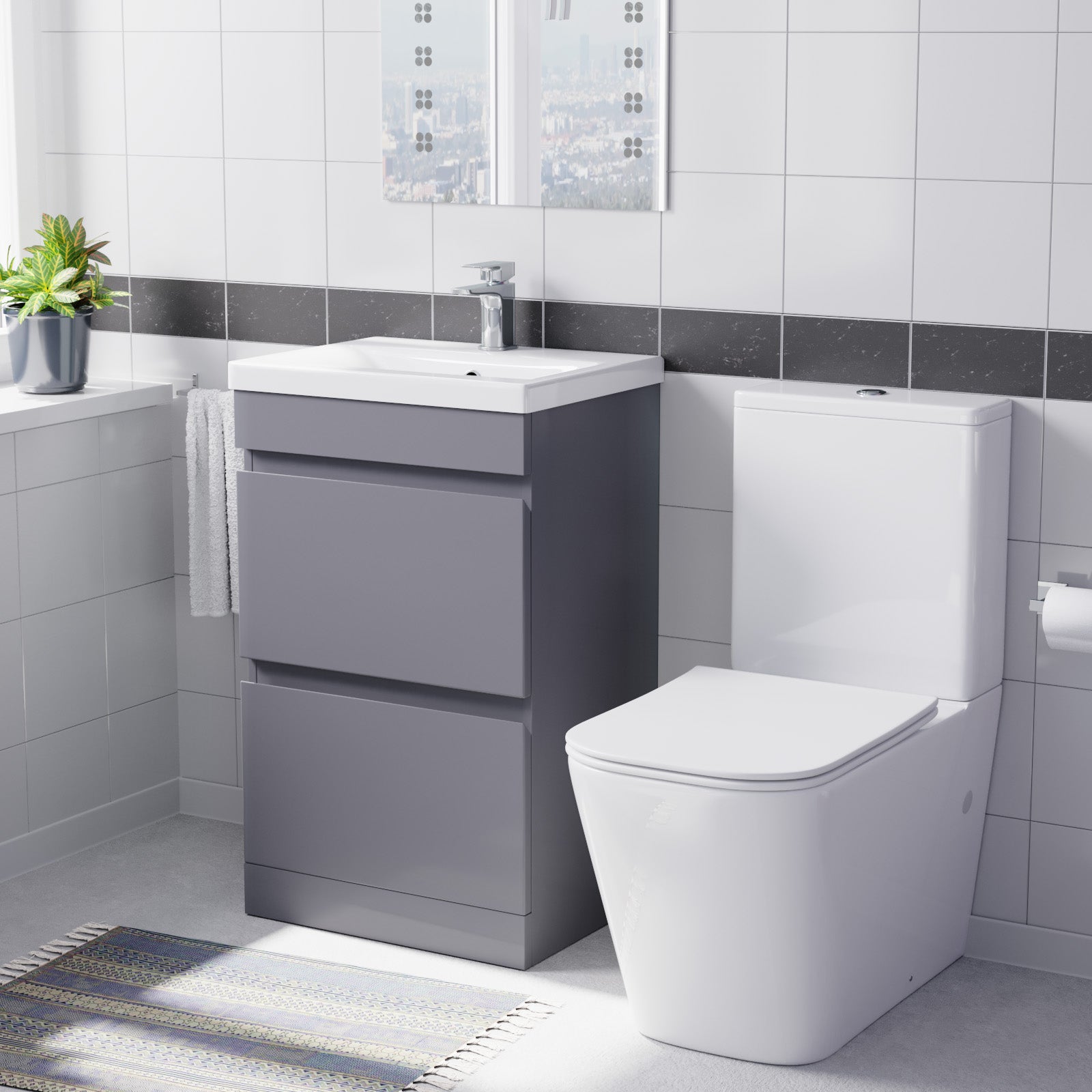 fancy bathroom with gray vanity unit featuring open drawers and white toilet
