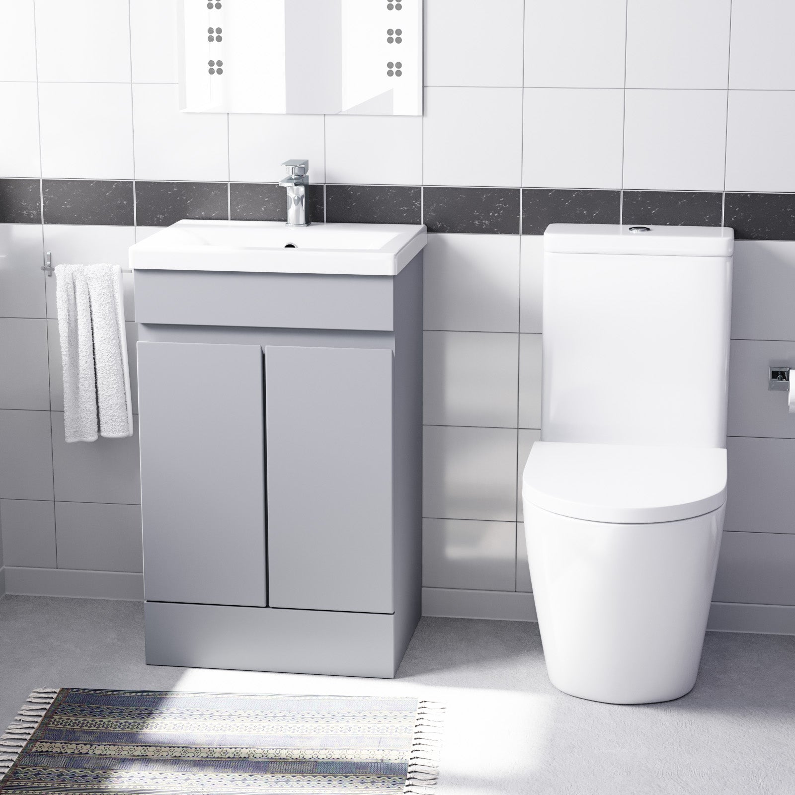 Alaska Mate Grey 500mm Basin Vanity Unit & Rimless Close Coupled Toilet Set