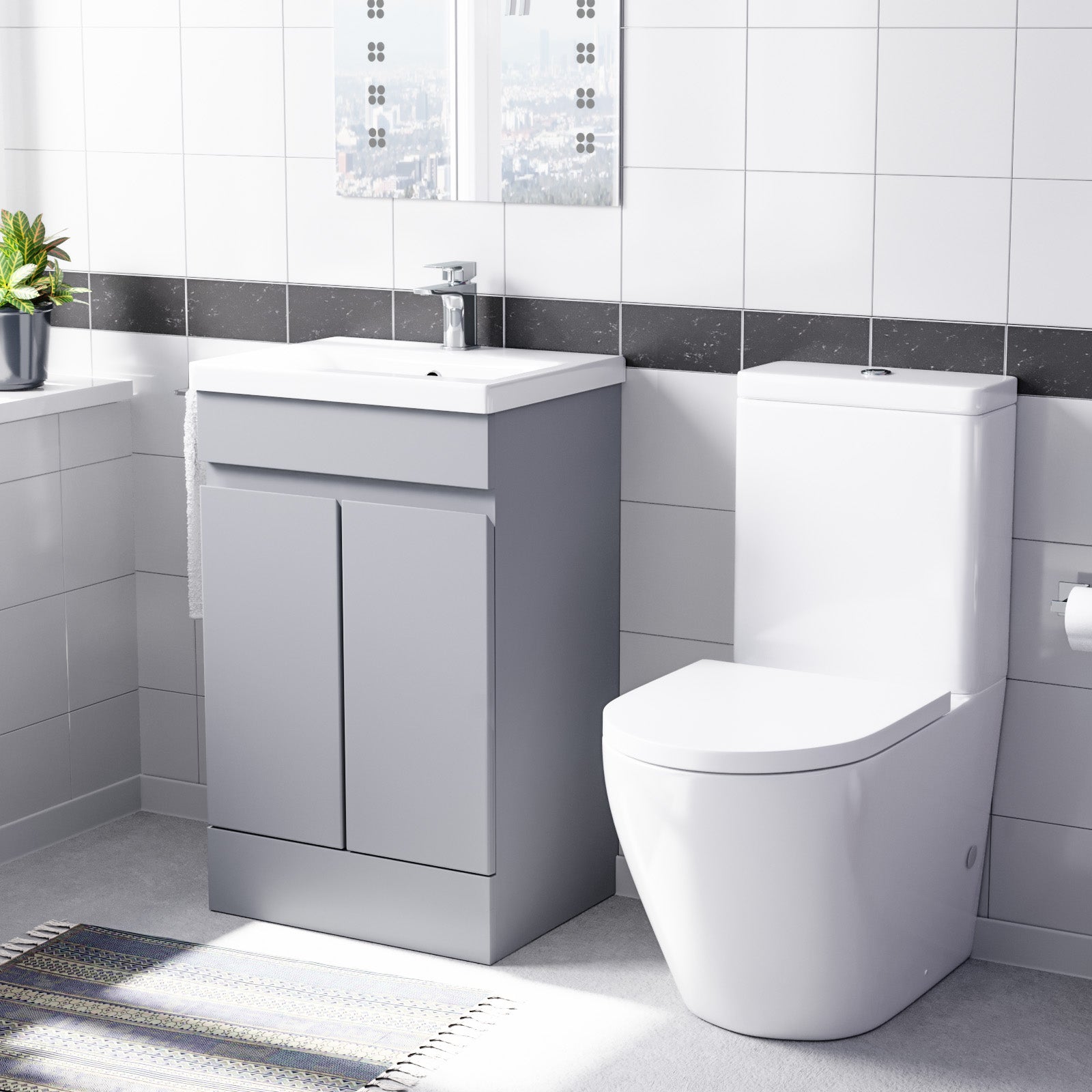 Alaska Mate Grey 500mm Basin Vanity Unit & Rimless Close Coupled Toilet Set