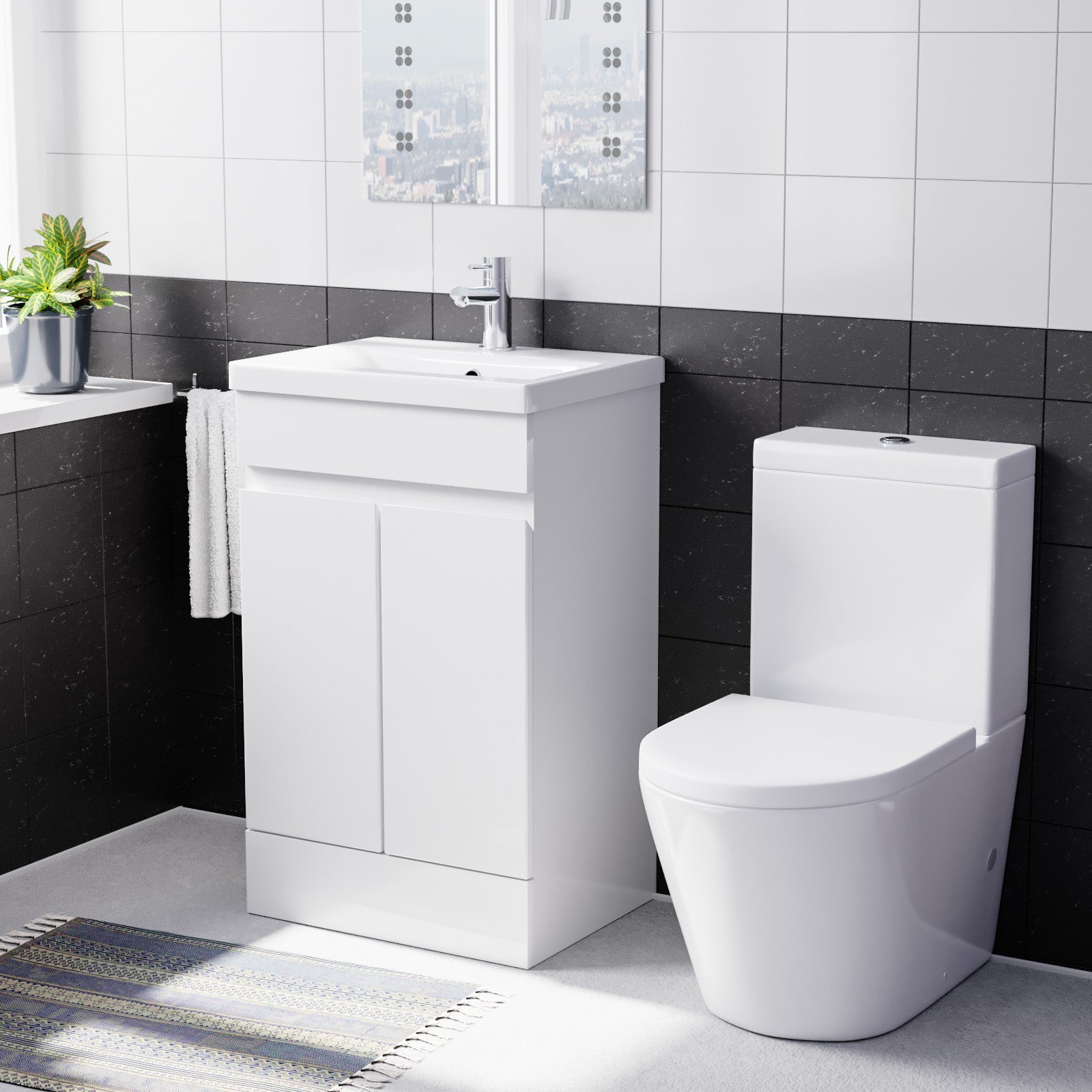 Alaska 500mm Gloss White Freestanding Basin Vanity & Close Coupled Rimless Toilet Set