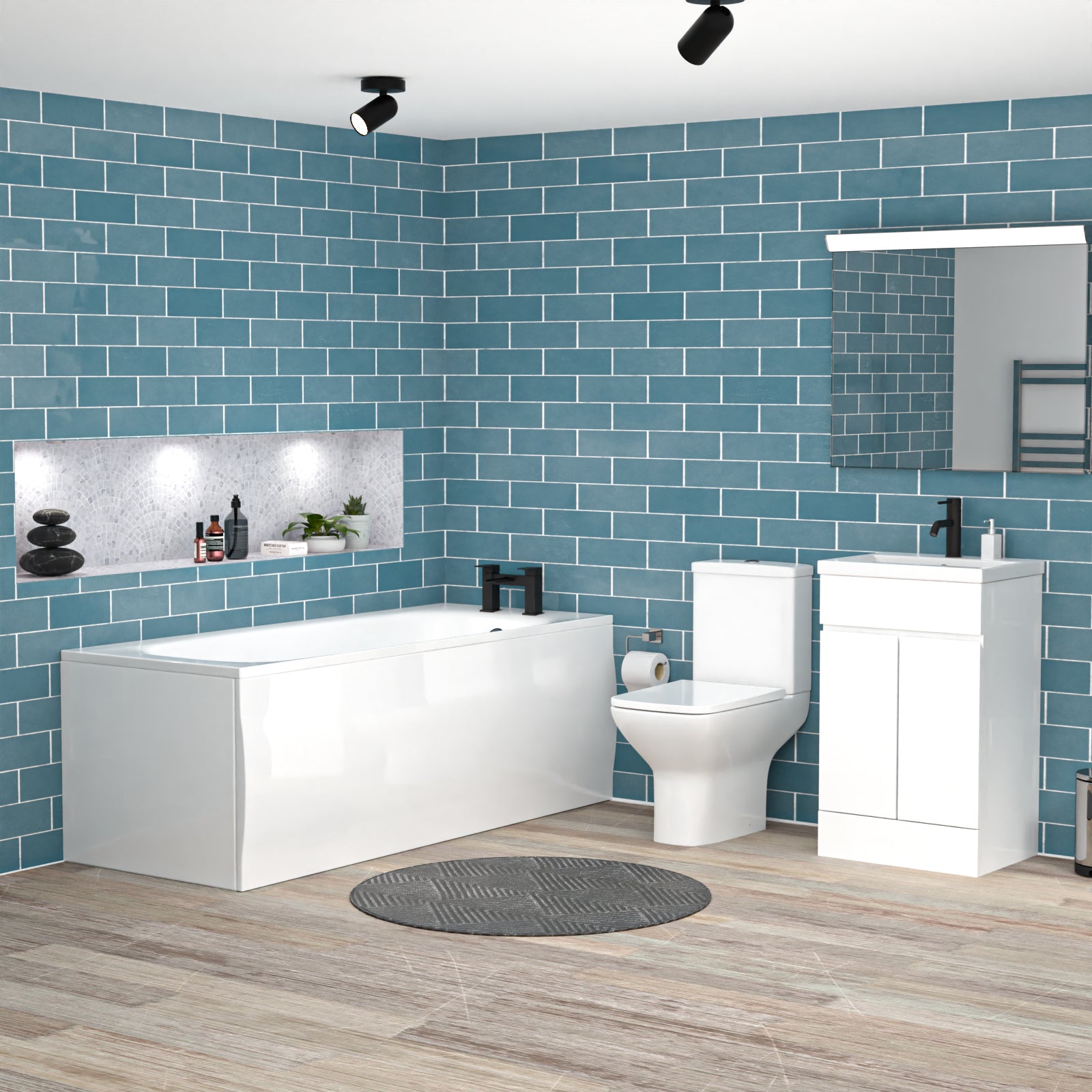 Alaska 1700mm Round Bath,500mm Freestanding Basin Vanity, Rimless Close Coupled Toilet White