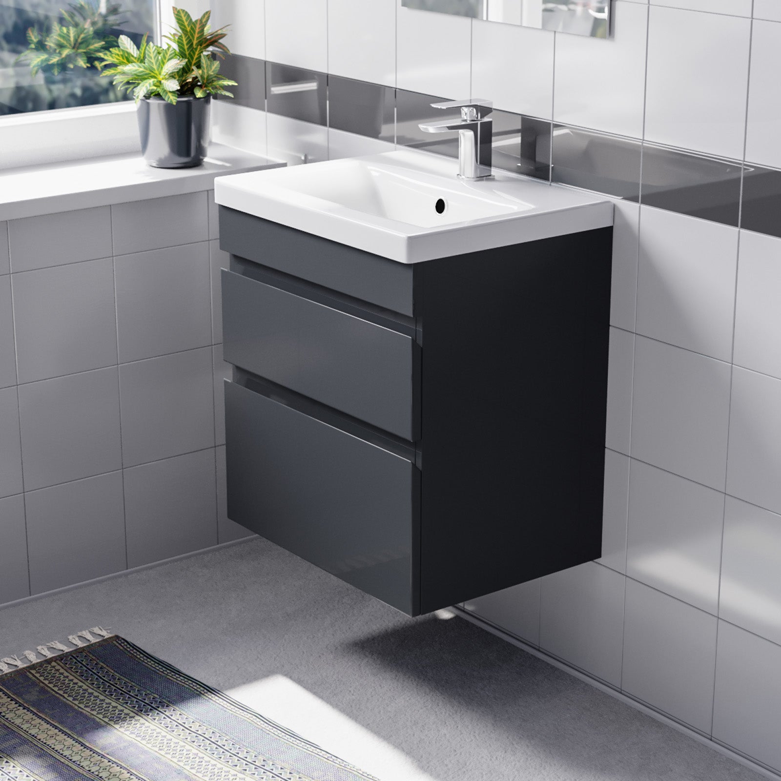 500mm Wall Hung Vanity with Basin 2 Drawers Handless in Anthracite
