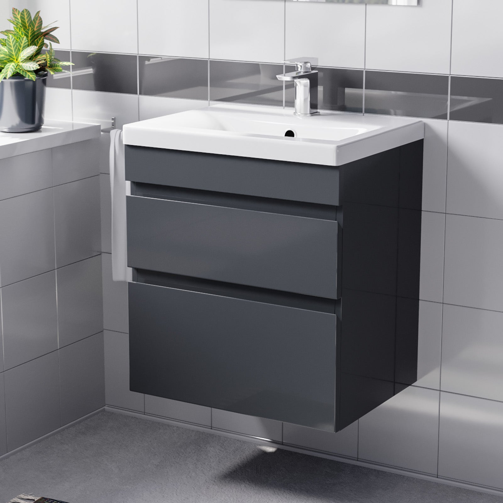 500mm Wall Hung Vanity with Basin 2 Drawers Handless in Anthracite
