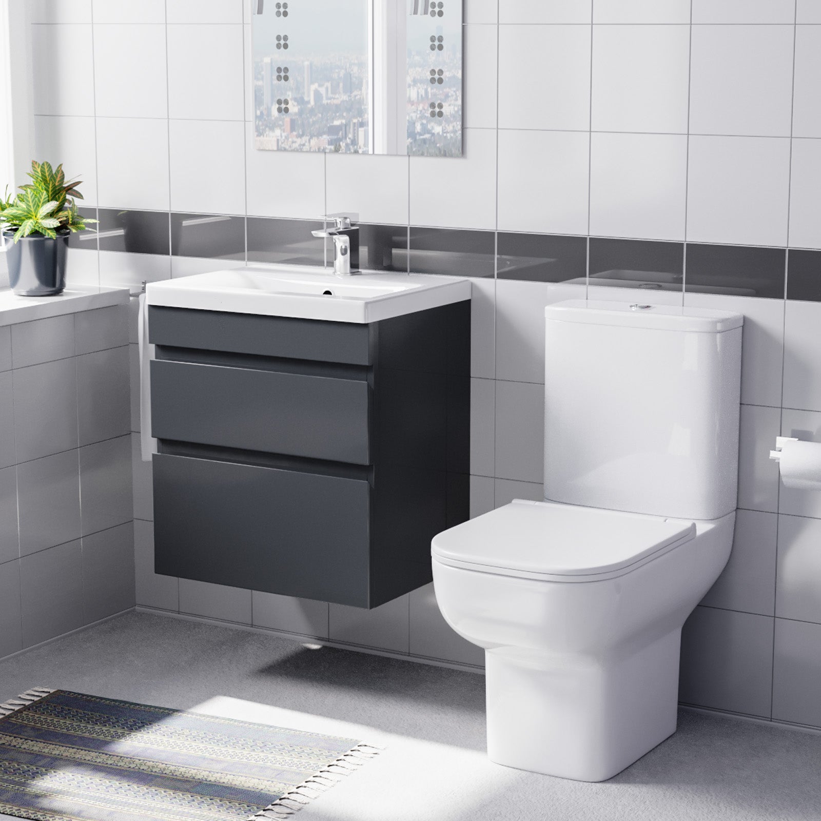 Alaska 500mm Wall Hung Vanity Unit 2 Drawers Anthracite with Basin & Toilet