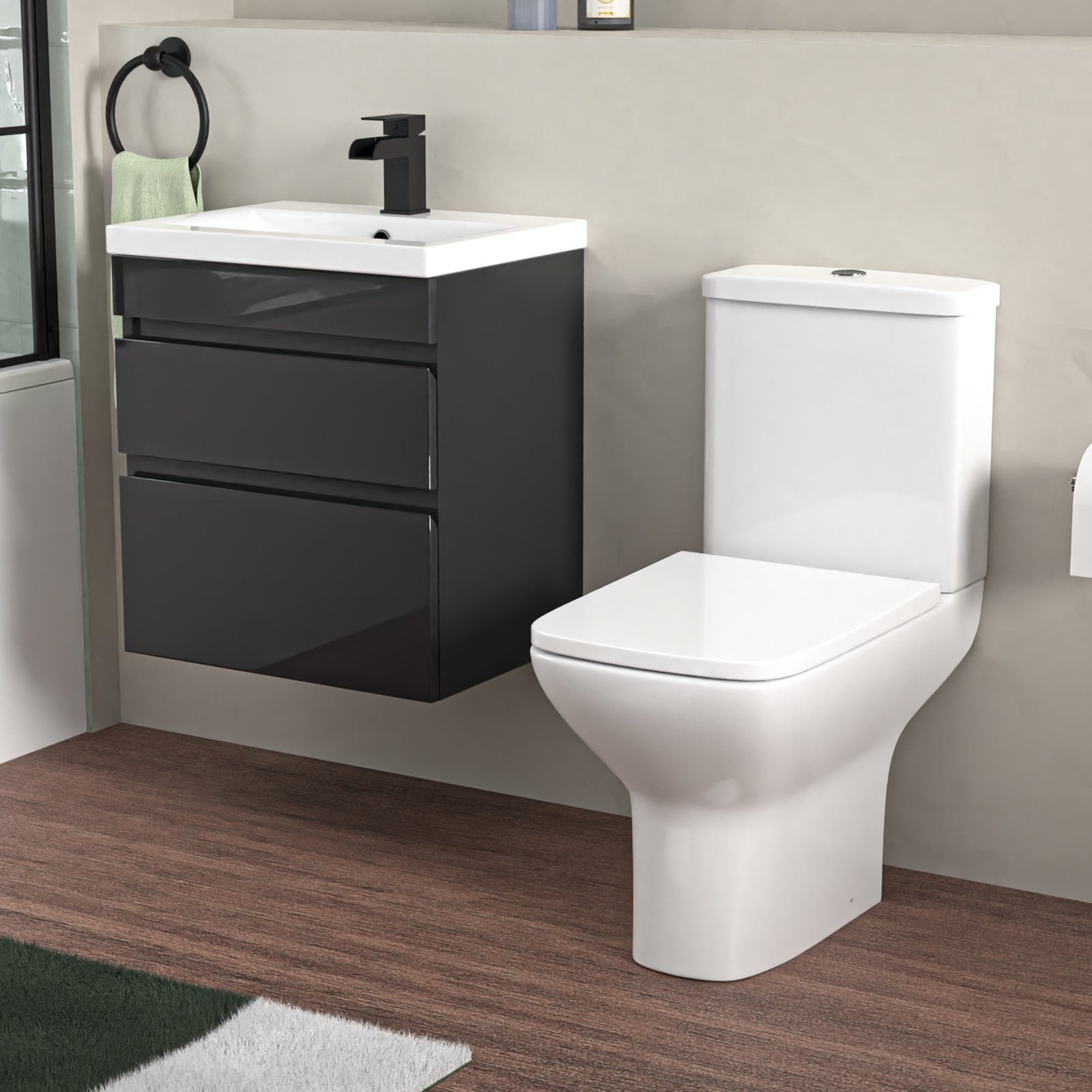 Alaska 500mm Wall Hung Vanity Drawers Handless Anthracite with Basin & Toilet