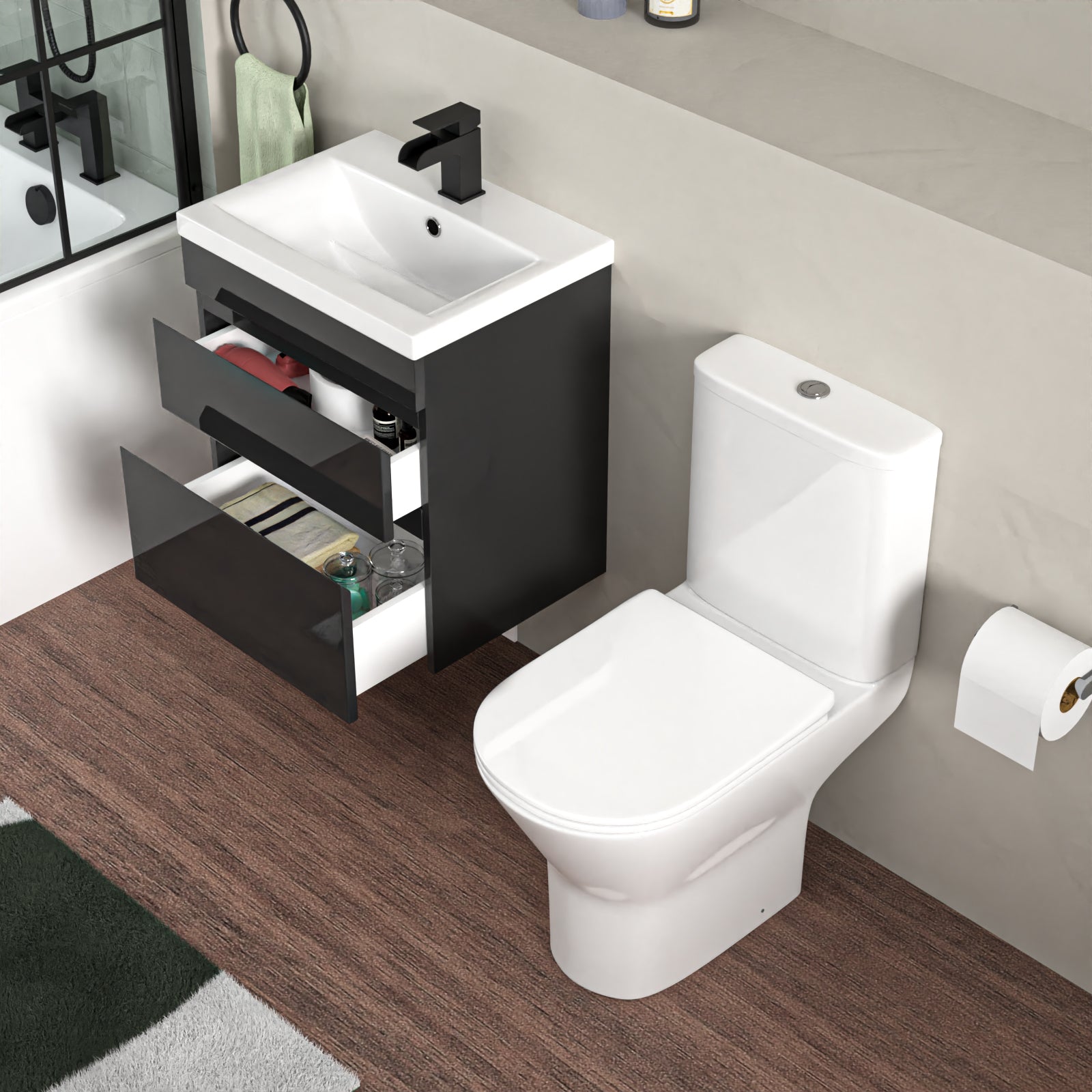 Alaska 500mm Wall Hung Vanity 2 Drawers in Anthracite with Toilet