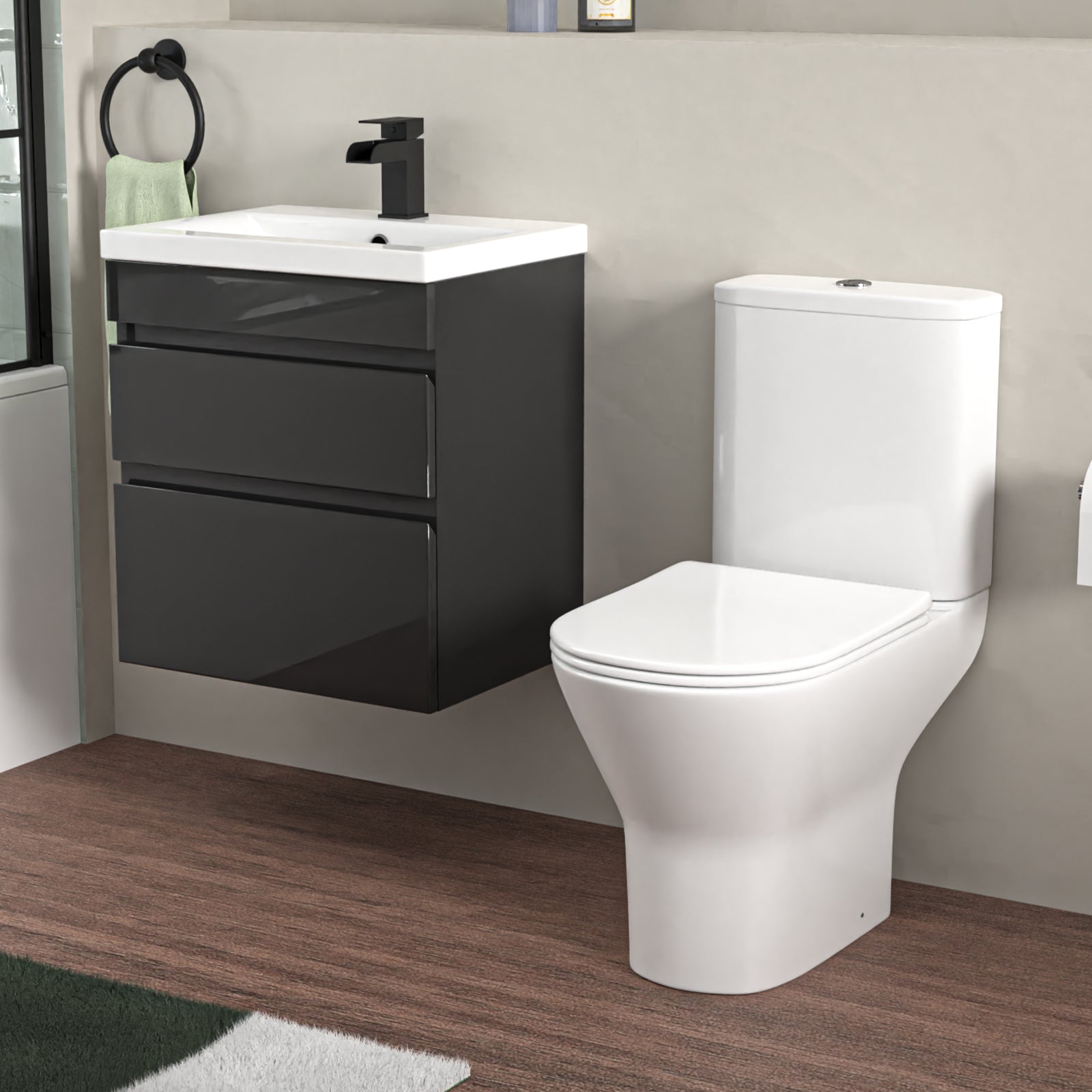 Alaska 500mm Wall Hung Vanity 2 Drawers in Anthracite with Toilet