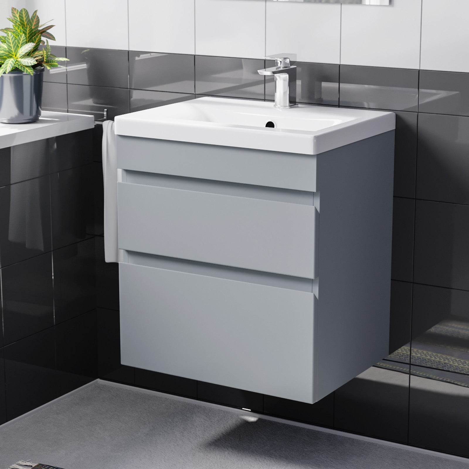 500mm Wall Hung Vanity with Basin 2 Drawers Handless in Matte Grey