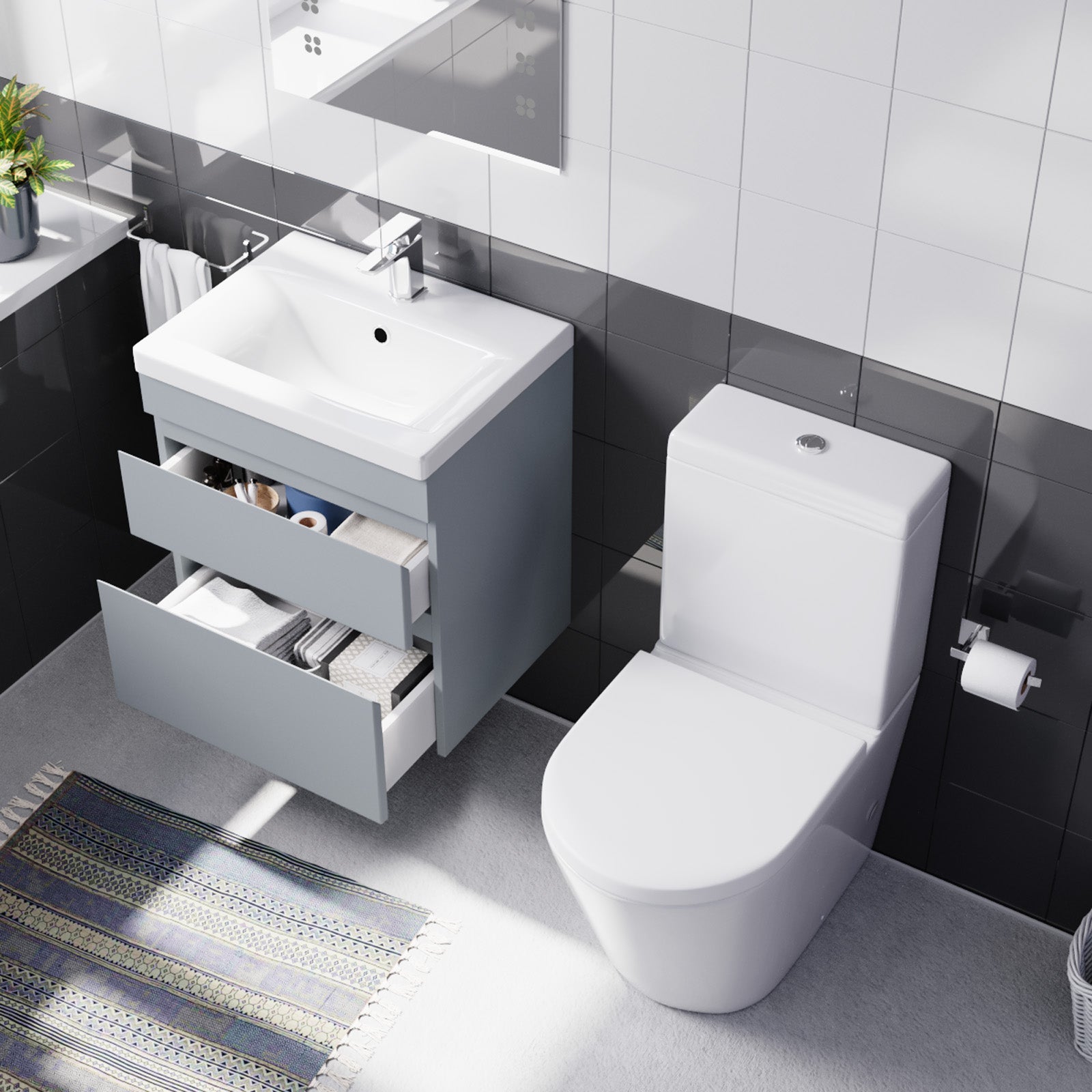 Alaska 500mm Wall Hung Vanity Unit Handless Matt Grey with Basin & Toilet