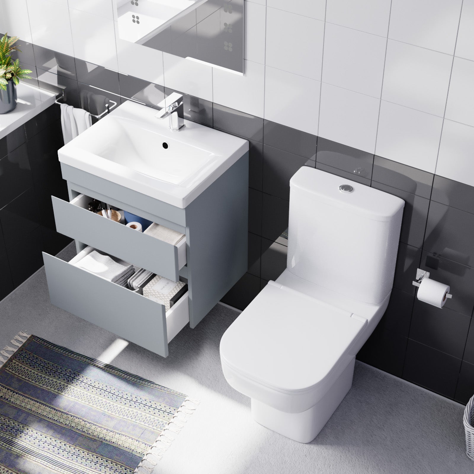 Alaska 500mm Wall Hung Basin Unit 2 Drawers Matt Grey with Basin Toilet