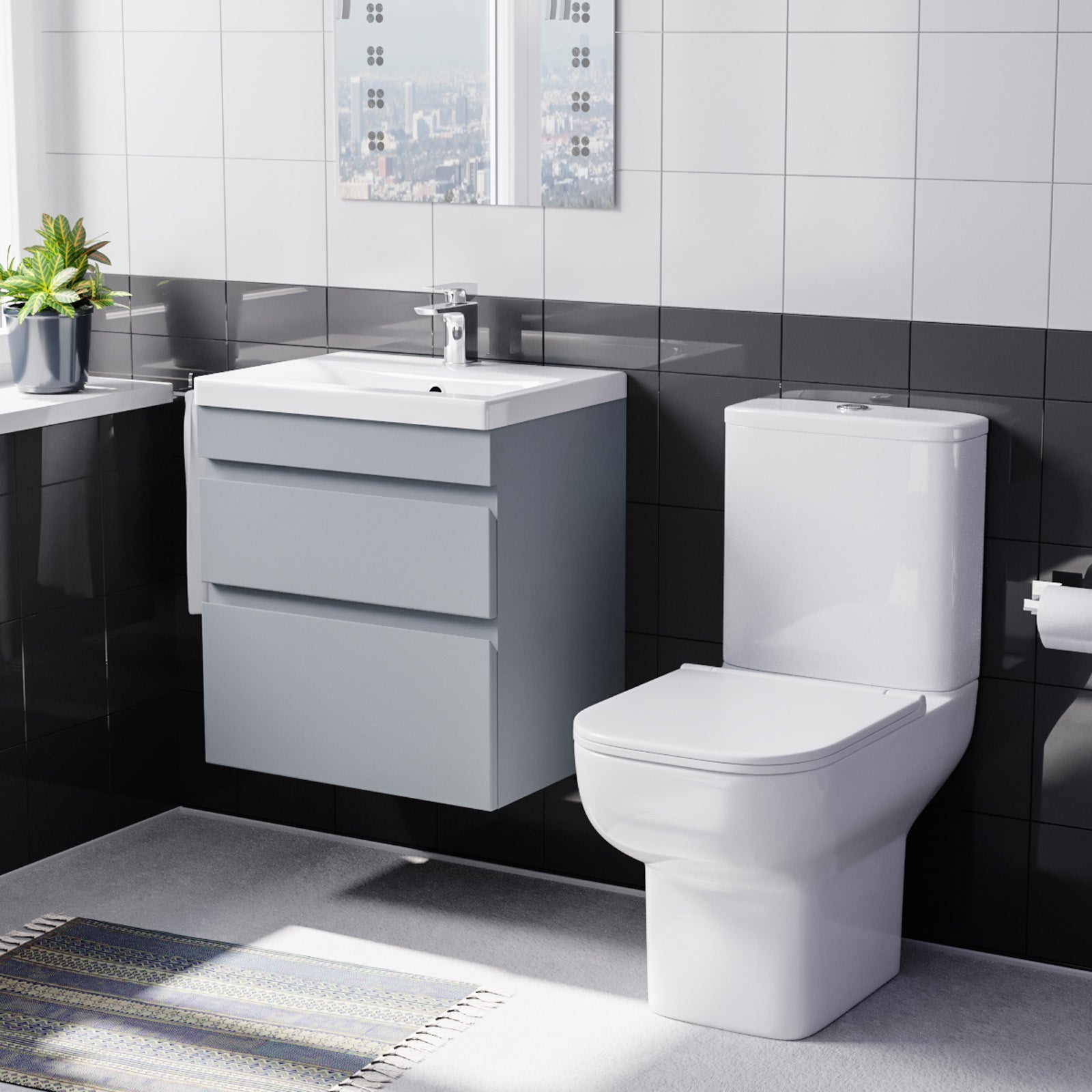 Alaska 500mm Wall Hung Basin Unit 2 Drawers Matt Grey with Basin Toilet