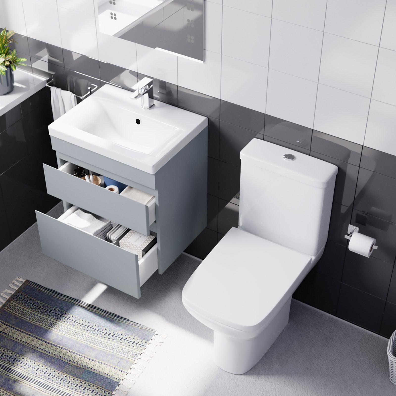 Alaska 500mm Wall Hung Vanity Drawers Handless Matt Grey with Basin & Toilet