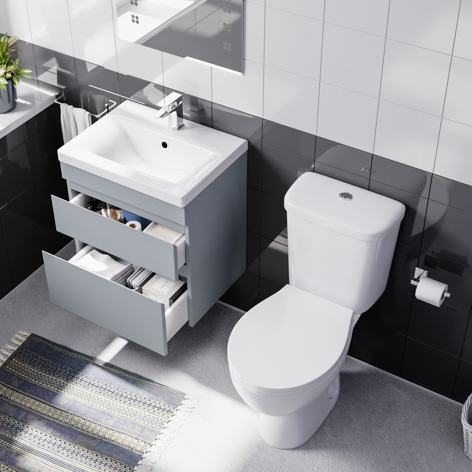 Alaska 500mm Wall Hung Vanity 2 Drawers Handless Matt Grey with Toilet