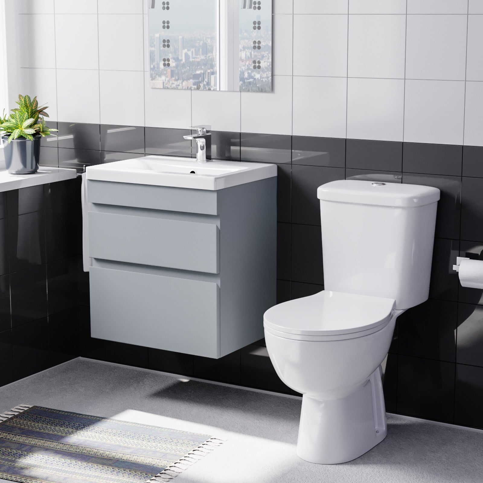 Alaska 500mm Wall Hung Vanity 2 Drawers Handless Matt Grey with Toilet