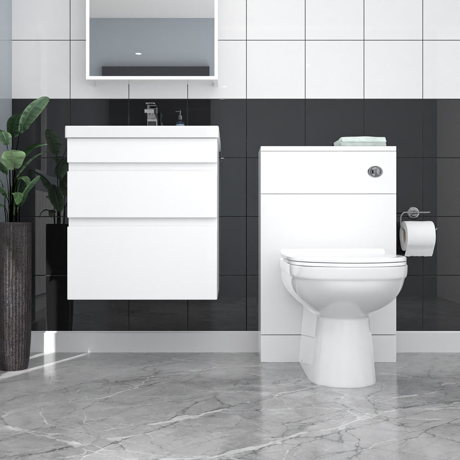White Wall Hung 500mm Vanity Unit 2 Drawer with WC Unit & BTW Toilet