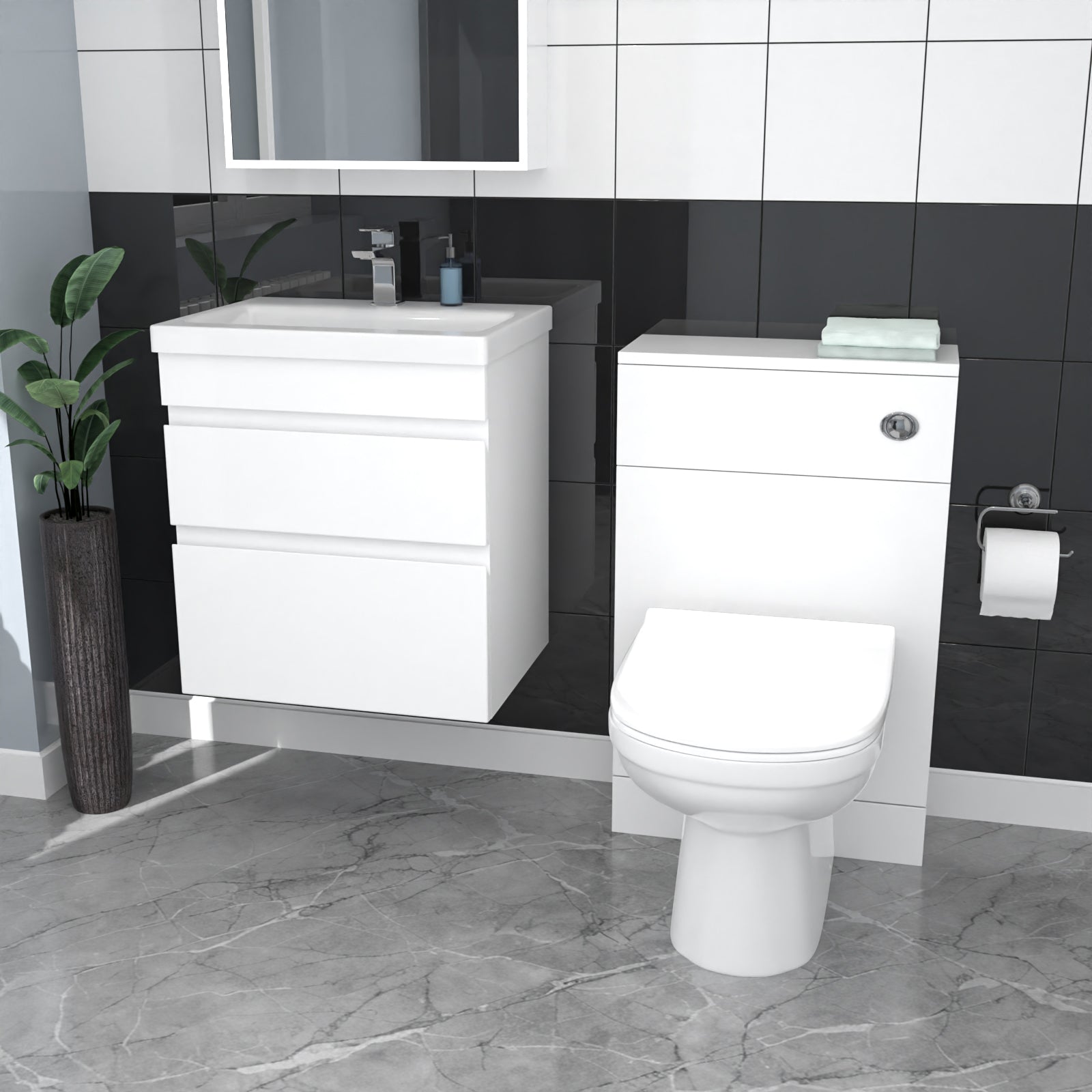 White Wall Hung 500mm Vanity Unit 2 Drawer with WC Unit & BTW Toilet