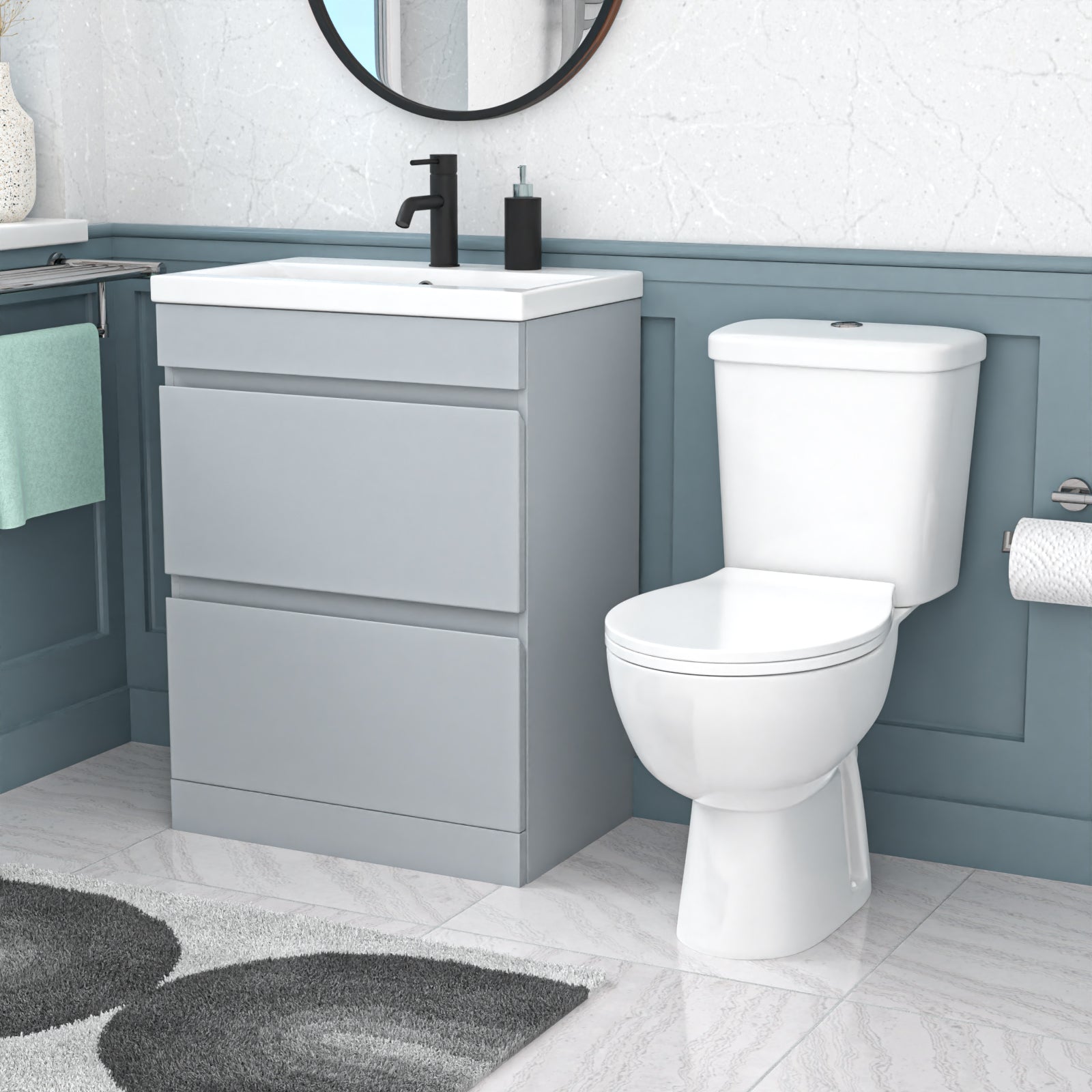 Alaska 600mm Matte Grey 2 Drawers Handleless Basin Vanity Close Coupled Toilet