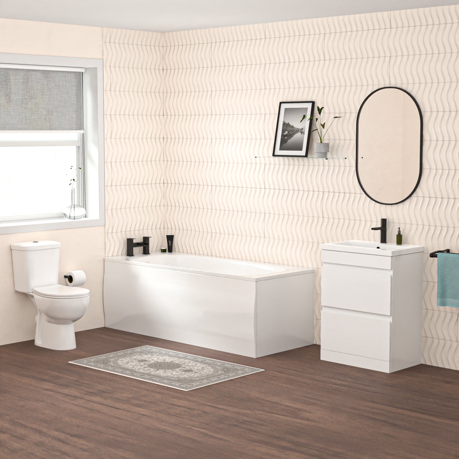 Alaska 1700mm Round Bath,Freestanding Basin Vanity 2 Drawer,Close Coupled Toilet