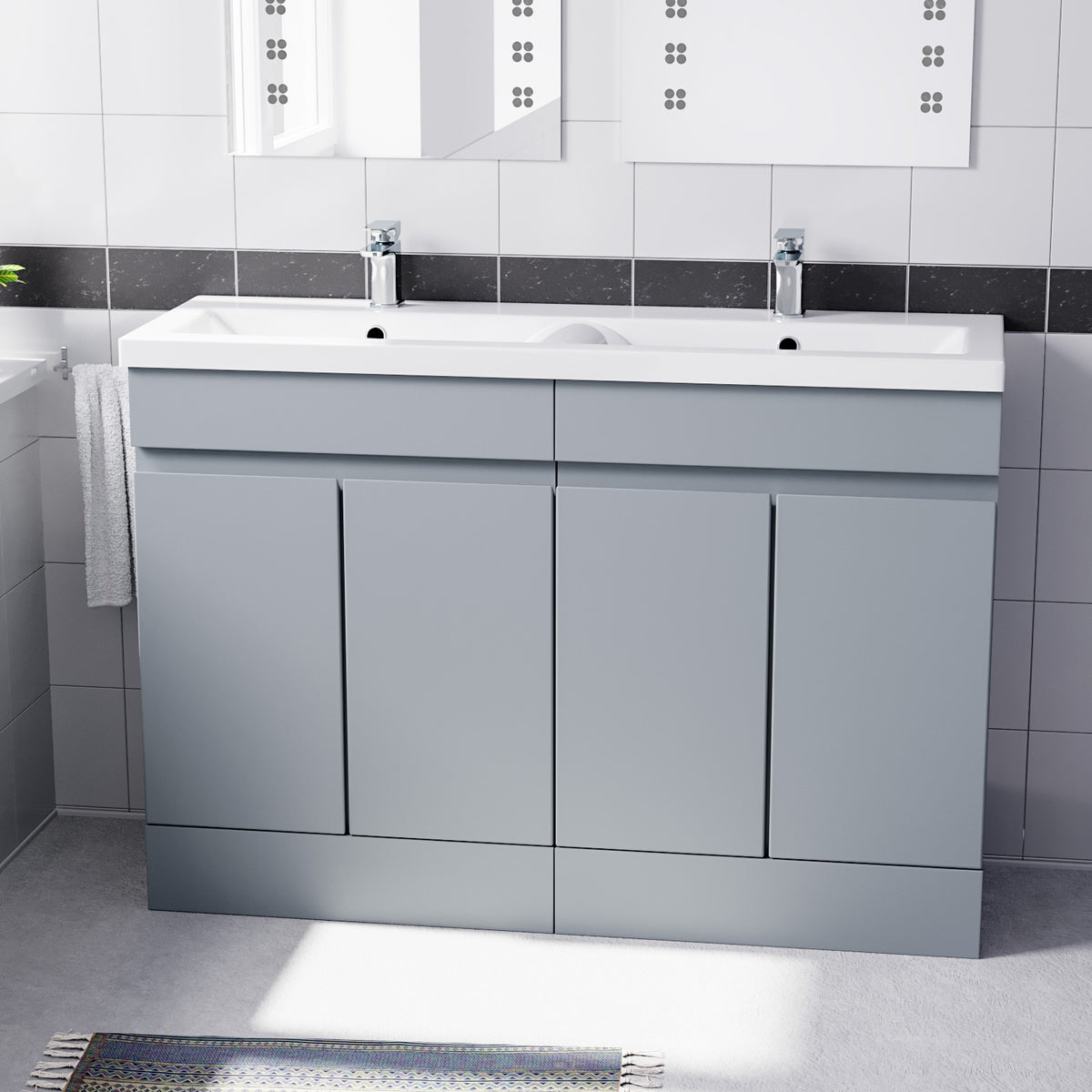 Set of 2 Freestanding 600mm Cabinet with Ceramic Mid-Edge Twin Basin - Matte Grey
