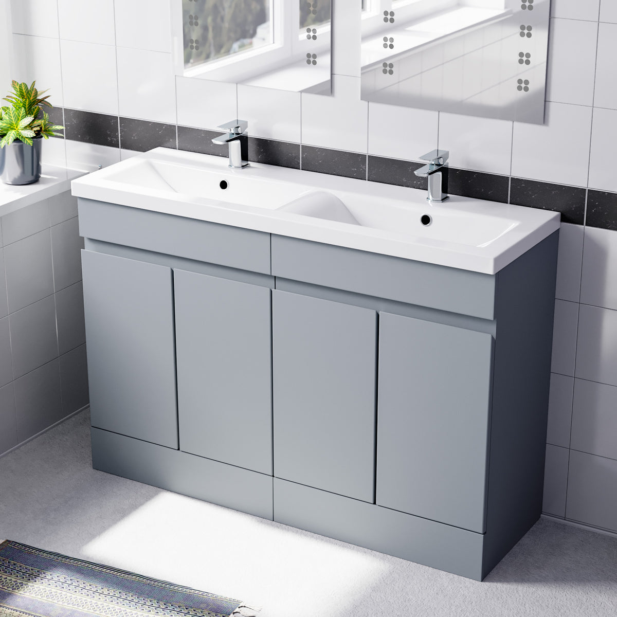 Set of 2 Freestanding 600mm Cabinet with Ceramic Mid-Edge Twin Basin - Matte Grey