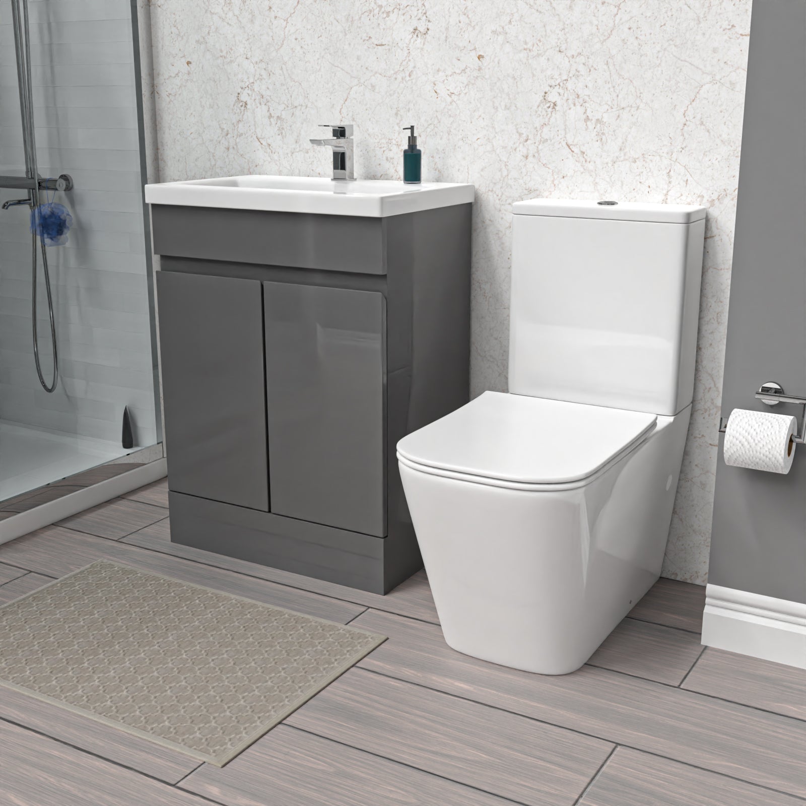 Bathroom setup with gray vanity, white sink, and toilet.