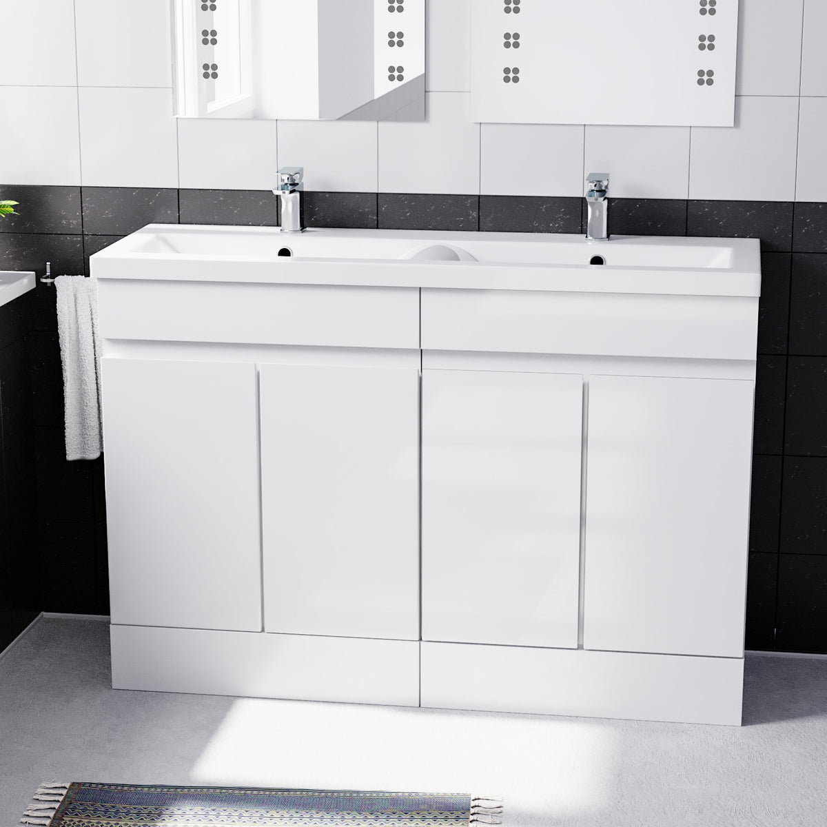 Set of 2 Freestanding 600mm Cabinet with Ceramic Mid-Edge Twin Basin - White