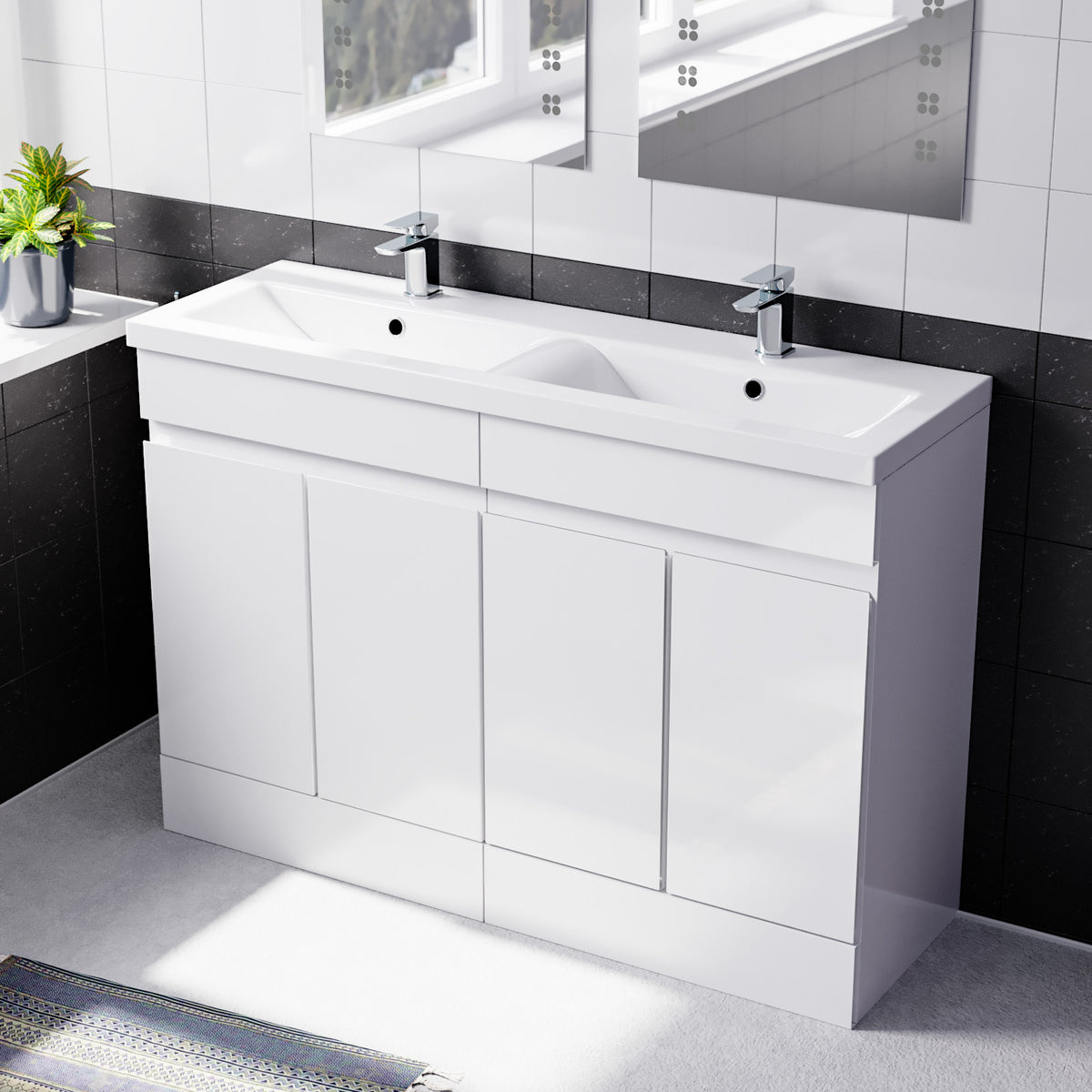 Set of 2 Freestanding 600mm Cabinet with Ceramic Mid-Edge Twin Basin - White